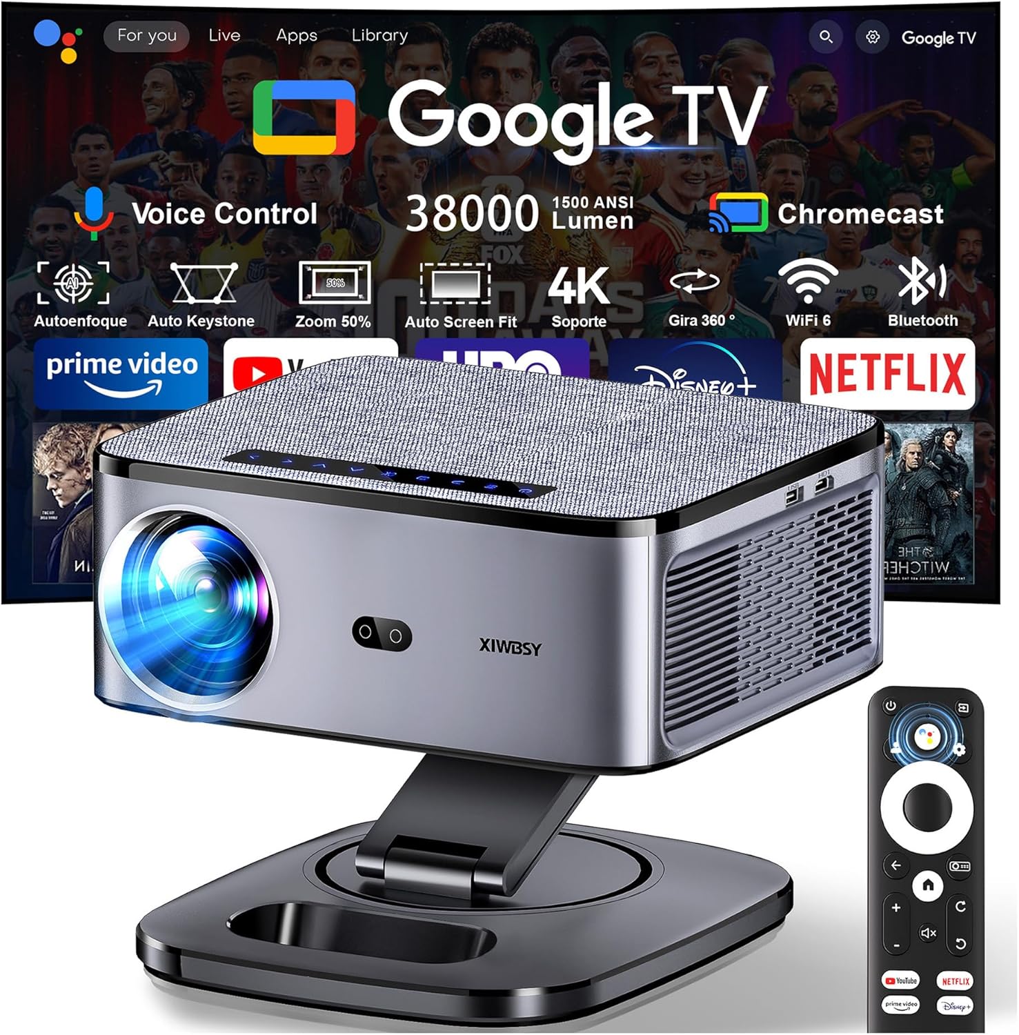 Proyector 4K 【FIFA World Cup/1500 ANSI/Google TV】 XIWBSY Proyector Bluetooth Portatil 38000 Lúmenes, Gira 360 °, Official Apps, Control por Voz, 1080P FHD, Proyectores Video Cine En Casa/Exterior - 1