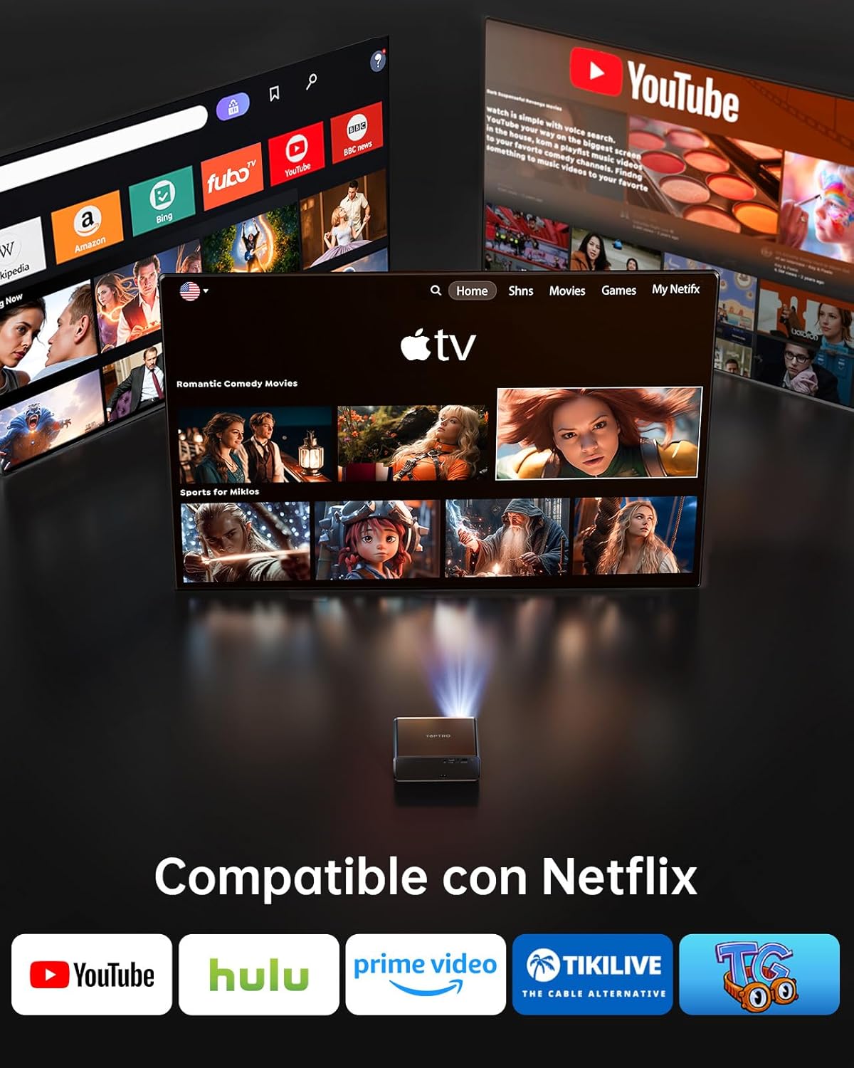 Proyector 4K【App Oficial Integrada/Dolby】 1000ANSI Smart Proyector Compatible con Netflix AI Auto Auto/Keystone, Proyector1080P Nativo WiFi 6 Bidireccional BT5.2 Zoom 50% para Cine en Casa/Exterior - 2