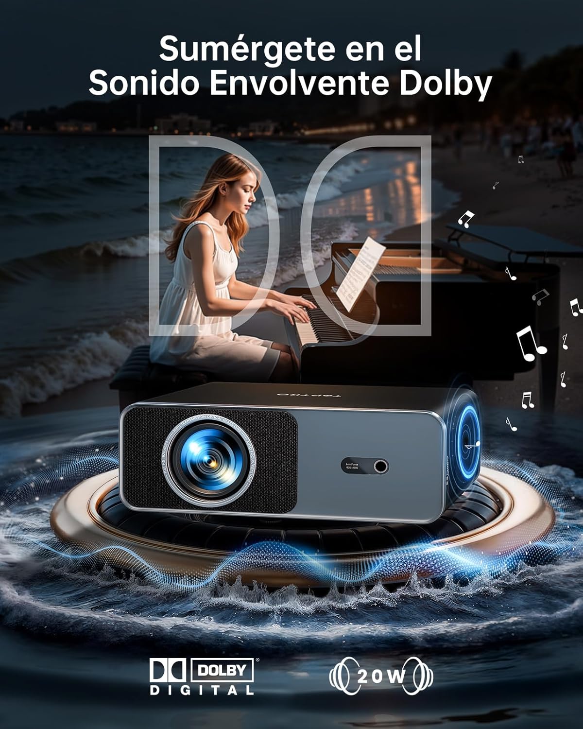 Proyector 4K【App Oficial Integrada/Dolby】 1000ANSI Smart Proyector Compatible con Netflix AI Auto Auto/Keystone, Proyector1080P Nativo WiFi 6 Bidireccional BT5.2 Zoom 50% para Cine en Casa/Exterior - 3