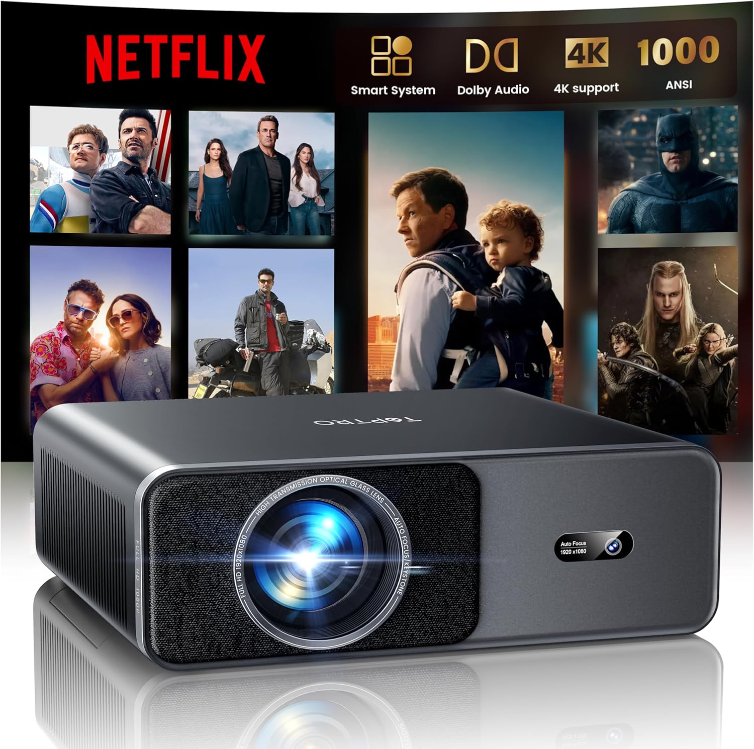 Proyector 4K【App Oficial Integrada/Dolby】 1000ANSI Smart Proyector Compatible con Netflix AI Auto Auto/Keystone, Proyector1080P Nativo WiFi 6 Bidireccional BT5.2 Zoom 50% para Cine en Casa/Exterior - 1