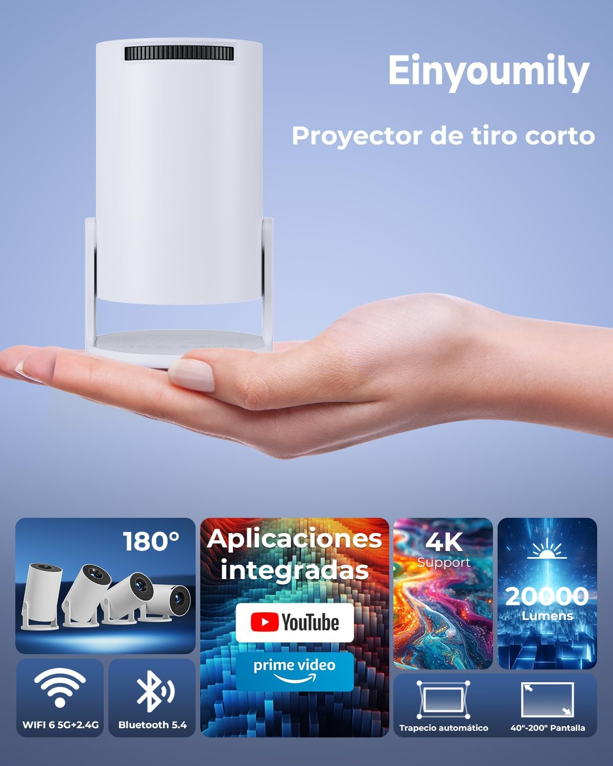 Proyector Portátil 4K Soporte, Apps Integradas & Auto Keystone, 2026 Mini Proyector 20000 Lúmenes con Android 14 WiFi 6 Bluetooth 5.4 Rotación 180° Compatible con HDMI/USB/TV Stick/Smartphone/Laptop - 3