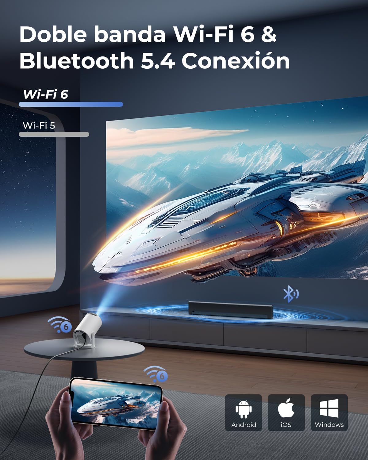 Proyector Portátil 4K Soporte, Apps Integradas & Auto Keystone, 2026 Mini Proyector 20000 Lúmenes con Android 14 WiFi 6 Bluetooth 5.4 Rotación 180° Compatible con HDMI/USB/TV Stick/Smartphone/Laptop - 6