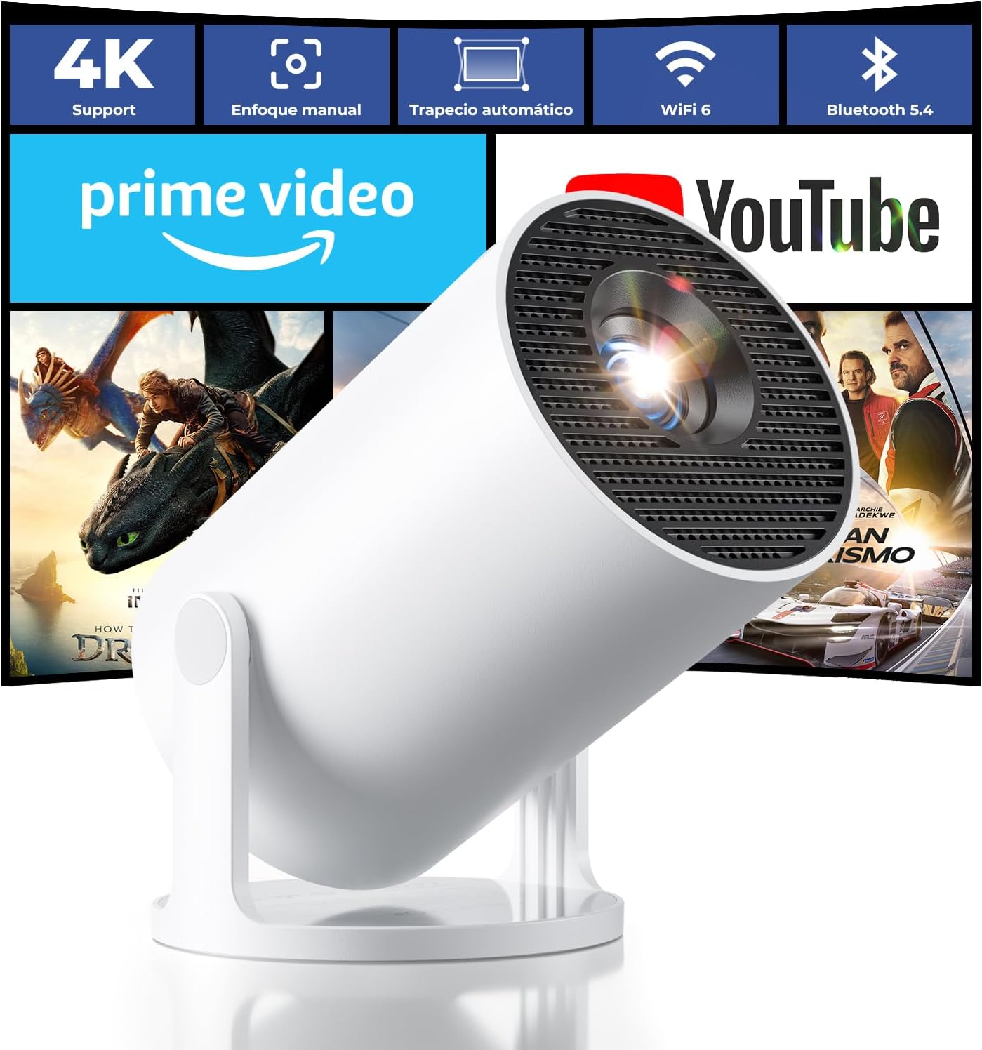 Proyector Portátil 4K Soporte, Apps Integradas & Auto Keystone, 2026 Mini Proyector 20000 Lúmenes con Android 14 WiFi 6 Bluetooth 5.4 Rotación 180° Compatible con HDMI/USB/TV Stick/Smartphone/Laptop - 1