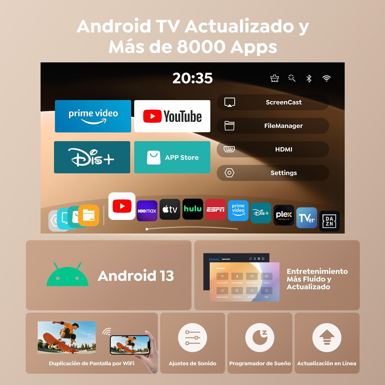 Proyector【App Integrada & Auto Keystone】Android 13, Proyector Portátil 4K/1080P Soporte Tiro Corto WiFi 6 Bluetooth 5.4 con Rotación de 270°, TOPTRO MiniProyector Cine en Casa/Exterior para Móvil/USB - 2