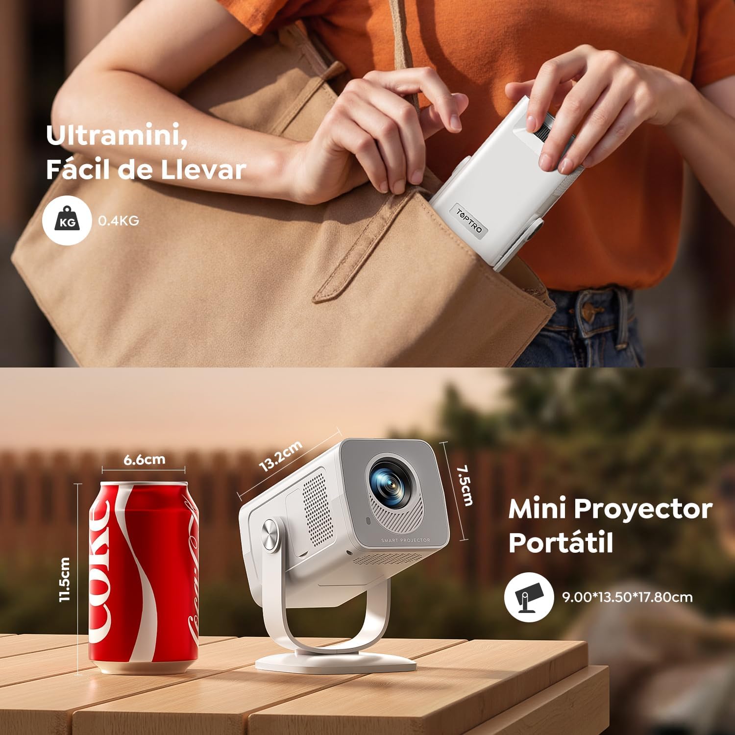 Proyector【App Integrada & Auto Keystone】Android 13, Proyector Portátil 4K/1080P Soporte Tiro Corto WiFi 6 Bluetooth 5.4 con Rotación de 270°, TOPTRO MiniProyector Cine en Casa/Exterior para Móvil/USB - 4