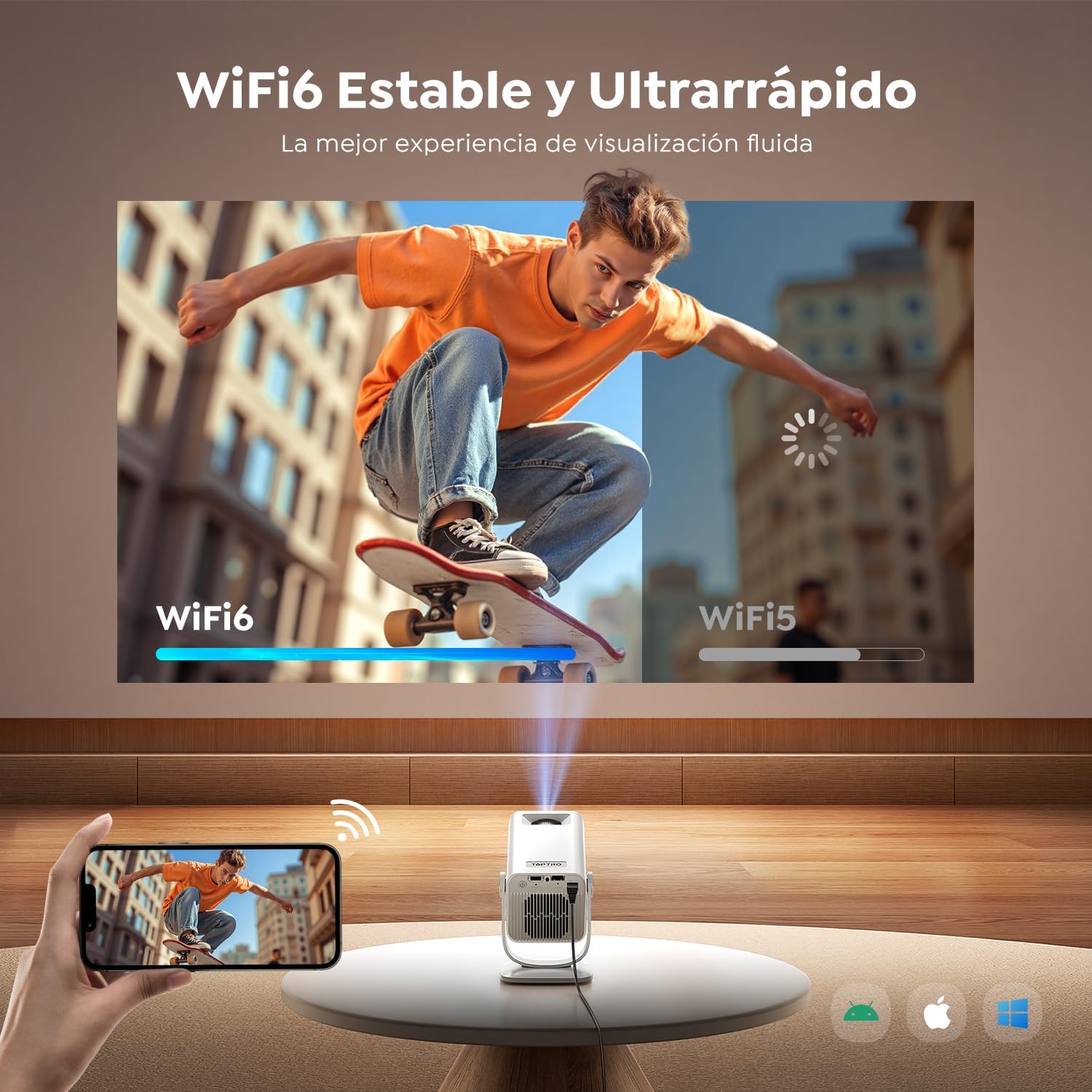 Proyector【App Integrada & Auto Keystone】Android 13, Proyector Portátil 4K/1080P Soporte Tiro Corto WiFi 6 Bluetooth 5.4 con Rotación de 270°, TOPTRO MiniProyector Cine en Casa/Exterior para Móvil/USB - 6