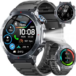 Reloj Inteligente Hombre Militar con GPS y Linterna LED, 5ATM Smartwatch con Brújula llamadas Bluetooth Pulsómetro Oxímetro Sueño, 1.43"AMOLED Reloj Deportivo con 160+Modos Deportivos para IOS Android