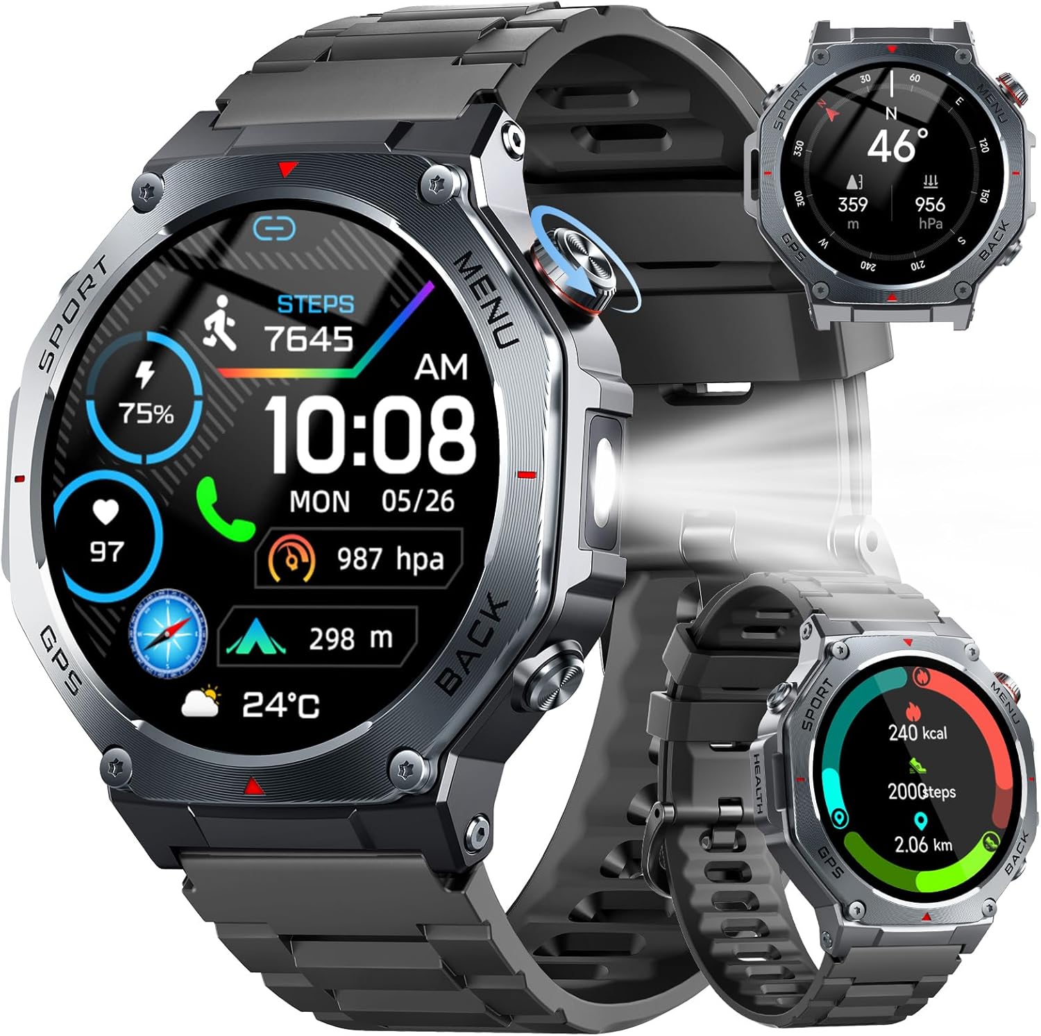 Reloj Inteligente Hombre Militar con GPS y Linterna LED, 5ATM Smartwatch con Brújula llamadas Bluetooth Pulsómetro Oxímetro Sueño, 1.43"AMOLED Reloj Deportivo con 160+Modos Deportivos para IOS Android - 1