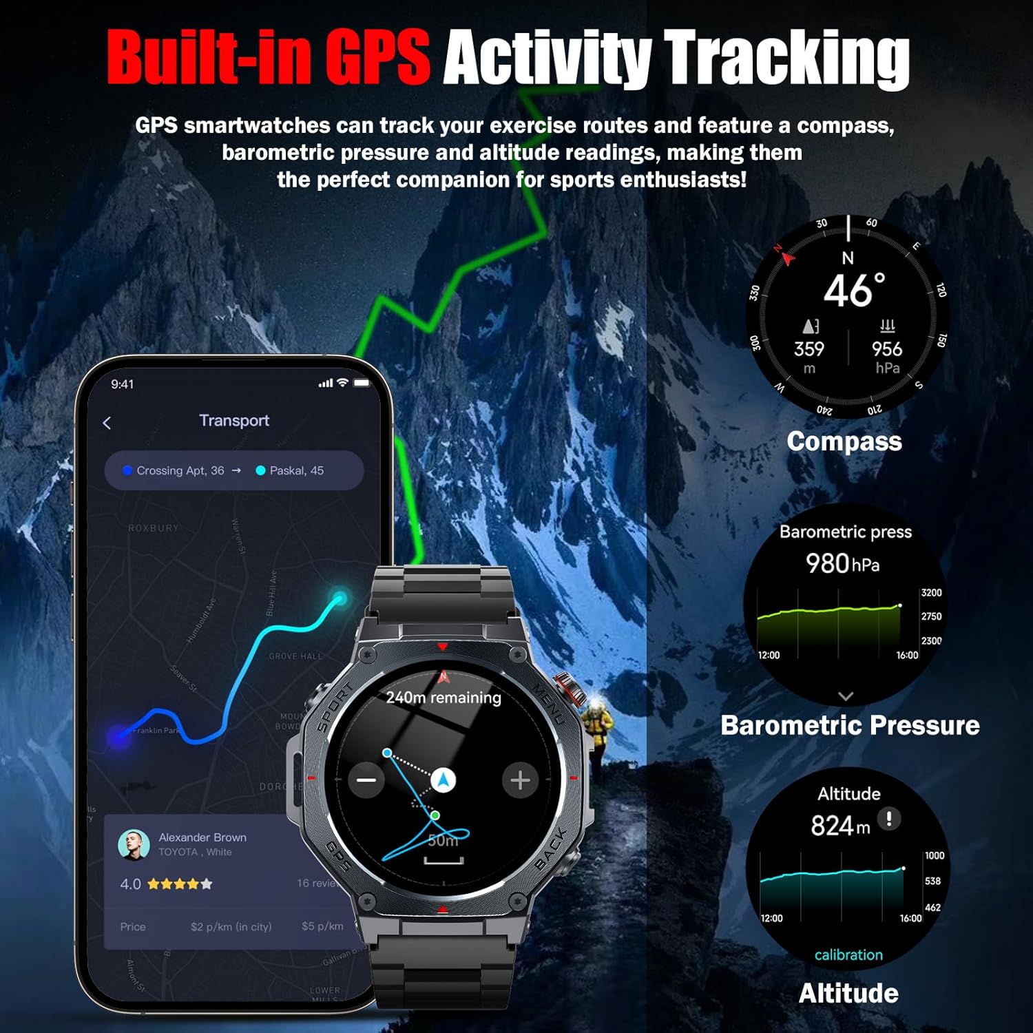 Reloj Inteligente Hombre Militar con GPS y Linterna LED, 5ATM Smartwatch con Brújula llamadas Bluetooth Pulsómetro Oxímetro Sueño, 1.43"AMOLED Reloj Deportivo con 160+Modos Deportivos para IOS Android - 3
