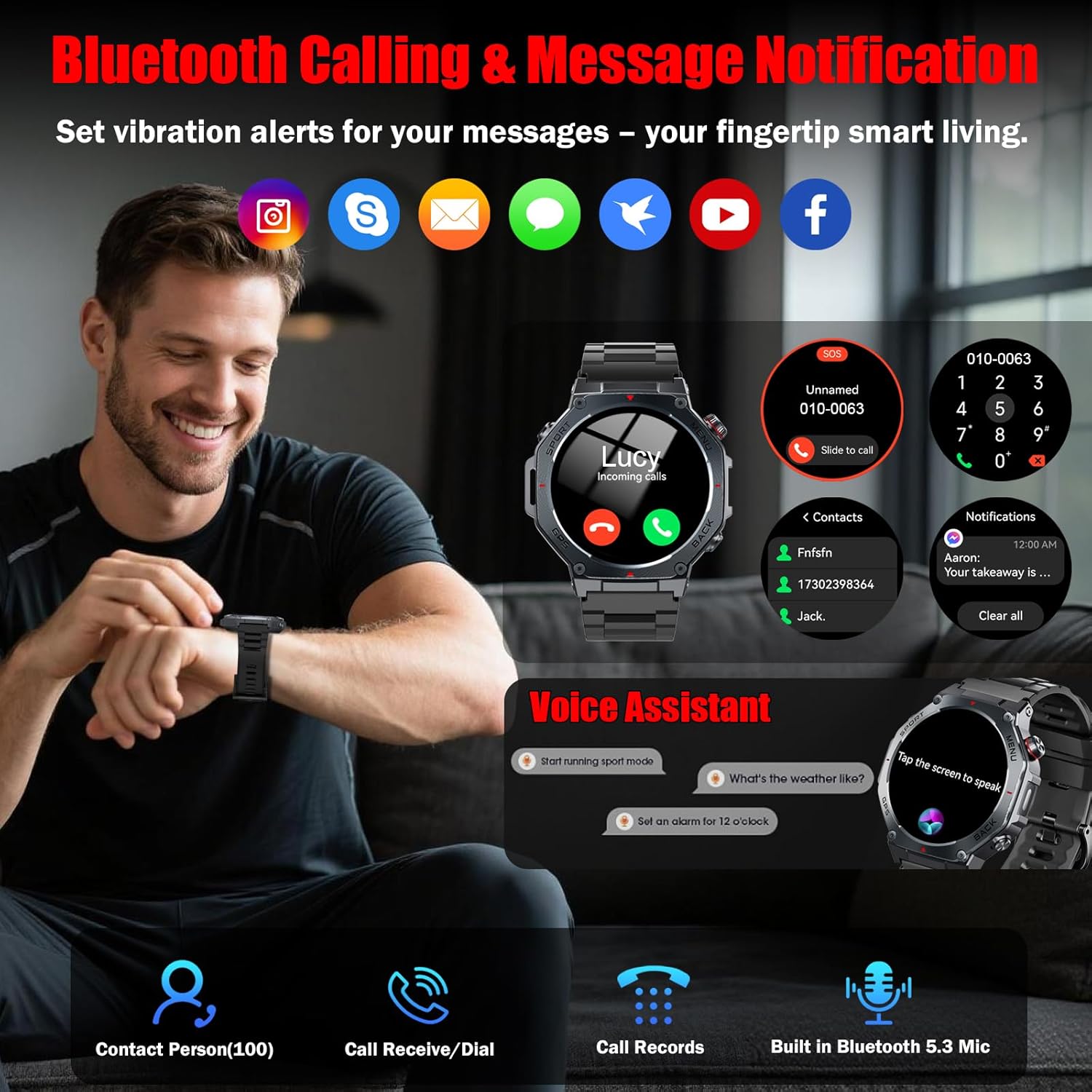Reloj Inteligente Hombre Militar con GPS y Linterna LED, 5ATM Smartwatch con Brújula llamadas Bluetooth Pulsómetro Oxímetro Sueño, 1.43"AMOLED Reloj Deportivo con 160+Modos Deportivos para IOS Android - 4