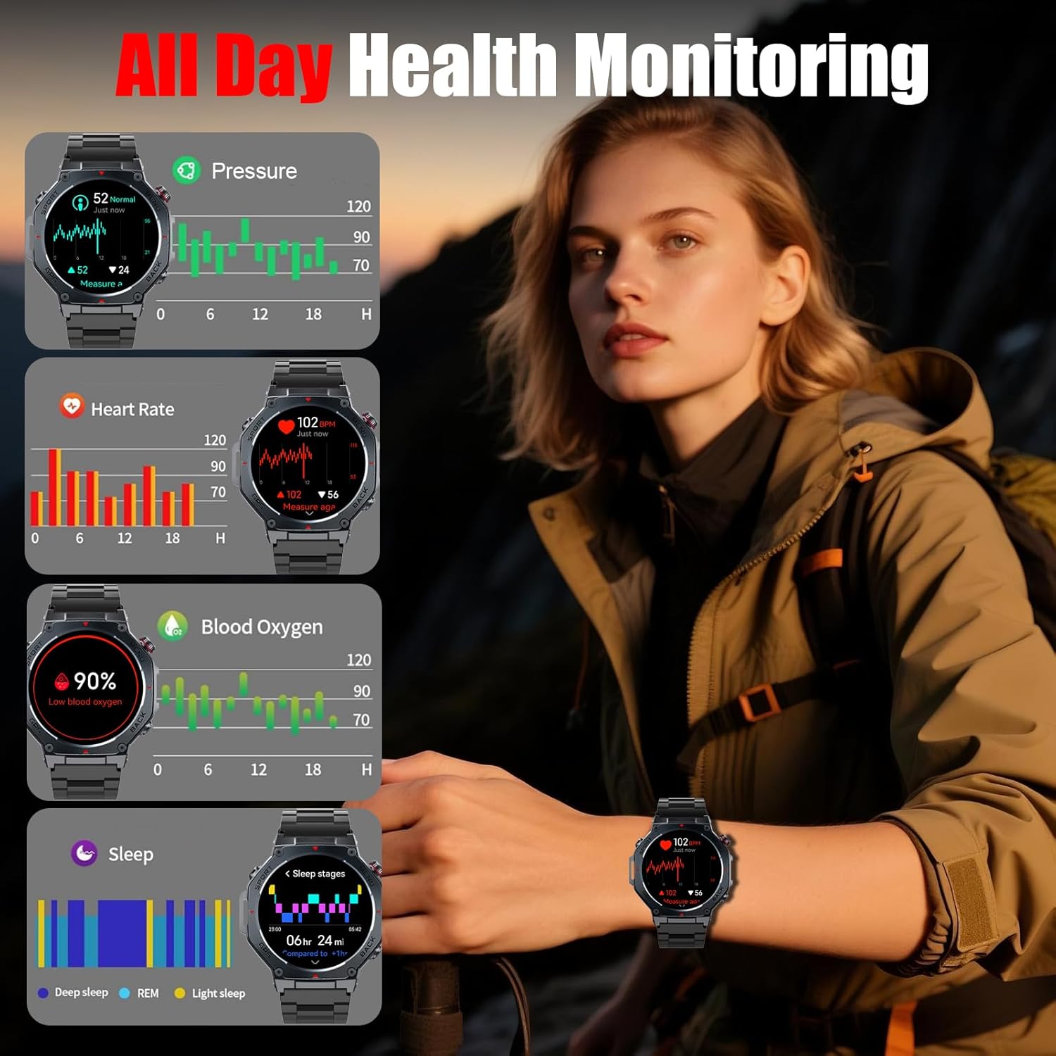 Reloj Inteligente Hombre Militar con GPS y Linterna LED, 5ATM Smartwatch con Brújula llamadas Bluetooth Pulsómetro Oxímetro Sueño, 1.43"AMOLED Reloj Deportivo con 160+Modos Deportivos para IOS Android - 5