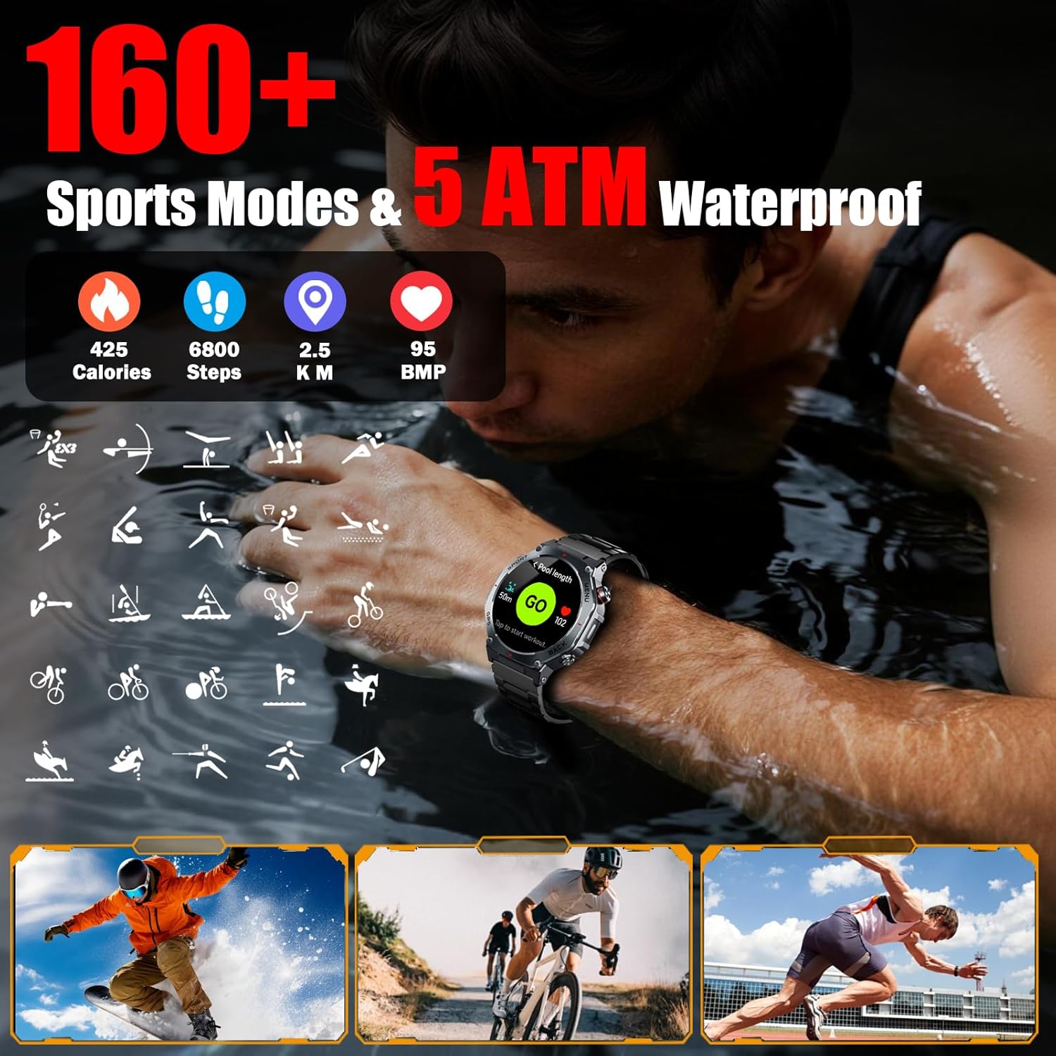 Reloj Inteligente Hombre Militar con GPS y Linterna LED, 5ATM Smartwatch con Brújula llamadas Bluetooth Pulsómetro Oxímetro Sueño, 1.43"AMOLED Reloj Deportivo con 160+Modos Deportivos para IOS Android - 6
