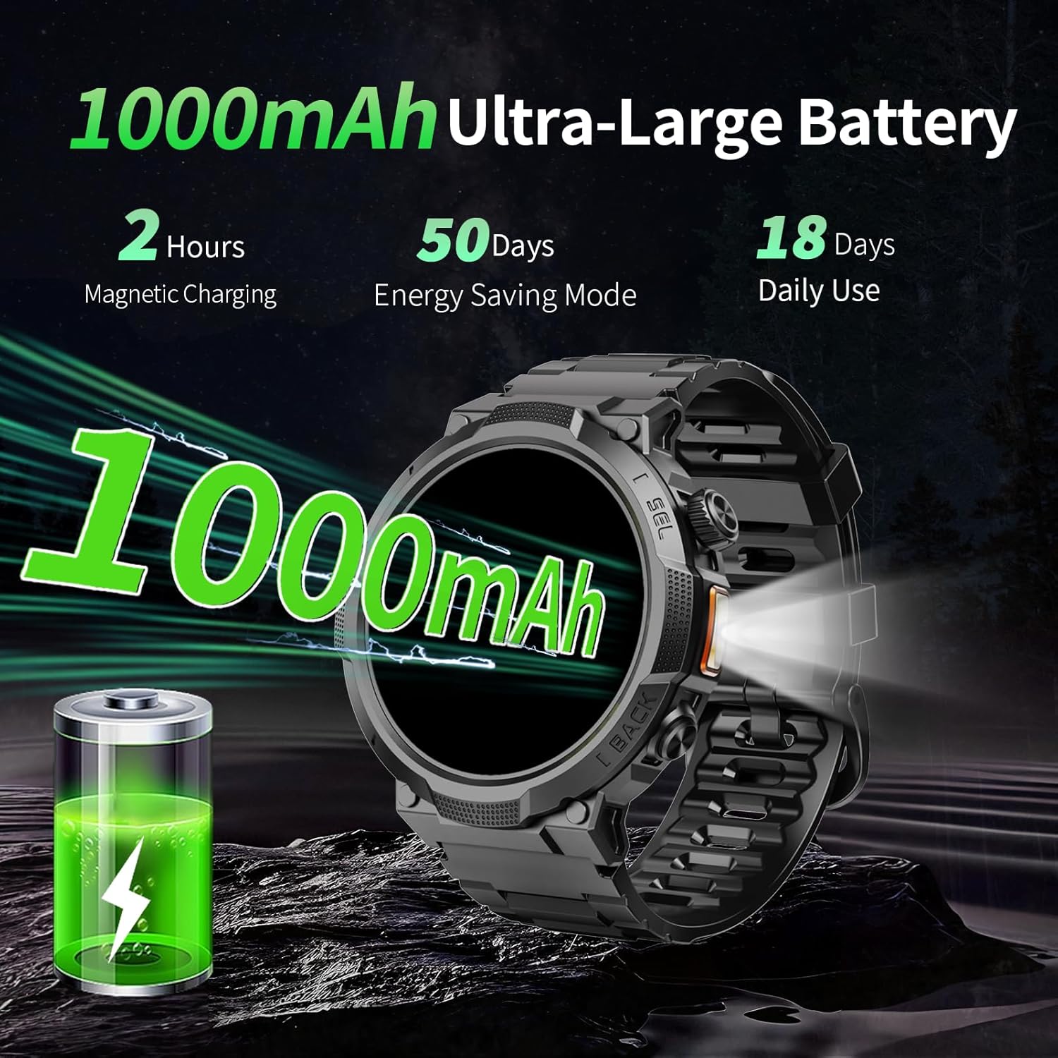 Reloj Inteligente Hombre con Linterna, 1.53'' Militar Smartwatch con Batería de 1000mAh, IP68 Reloj Deportivo con Llamadas Bluetooth/Monitor de Sueño/Pulsómetro, 100+Modos Deportivos para Android iOS - 2
