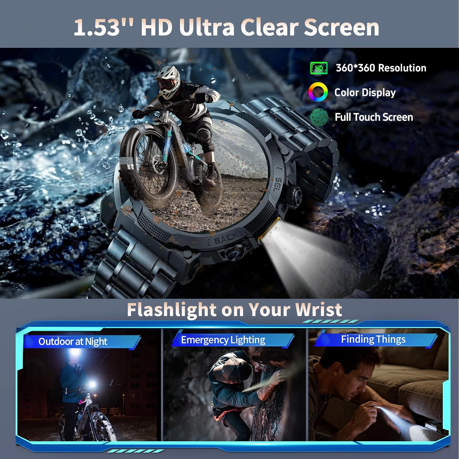 Reloj Inteligente Hombre con Linterna, 1.53'' Militar Smartwatch con Batería de 1000mAh, IP68 Reloj Deportivo con Llamadas Bluetooth/Monitor de Sueño/Pulsómetro, 100+Modos Deportivos para Android iOS - 3