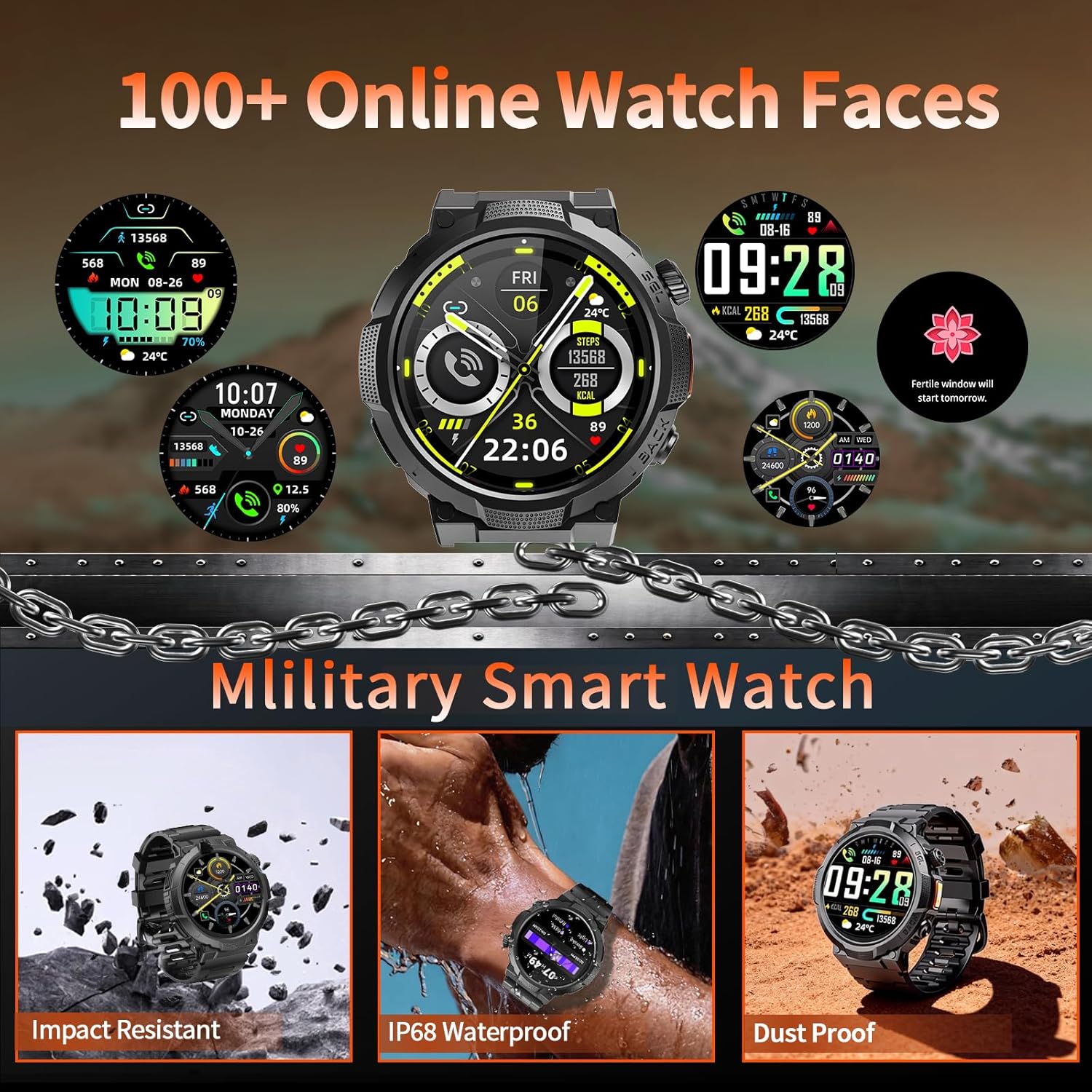 Reloj Inteligente Hombre con Linterna, 1.53'' Militar Smartwatch con Batería de 1000mAh, IP68 Reloj Deportivo con Llamadas Bluetooth/Monitor de Sueño/Pulsómetro, 100+Modos Deportivos para Android iOS - 4