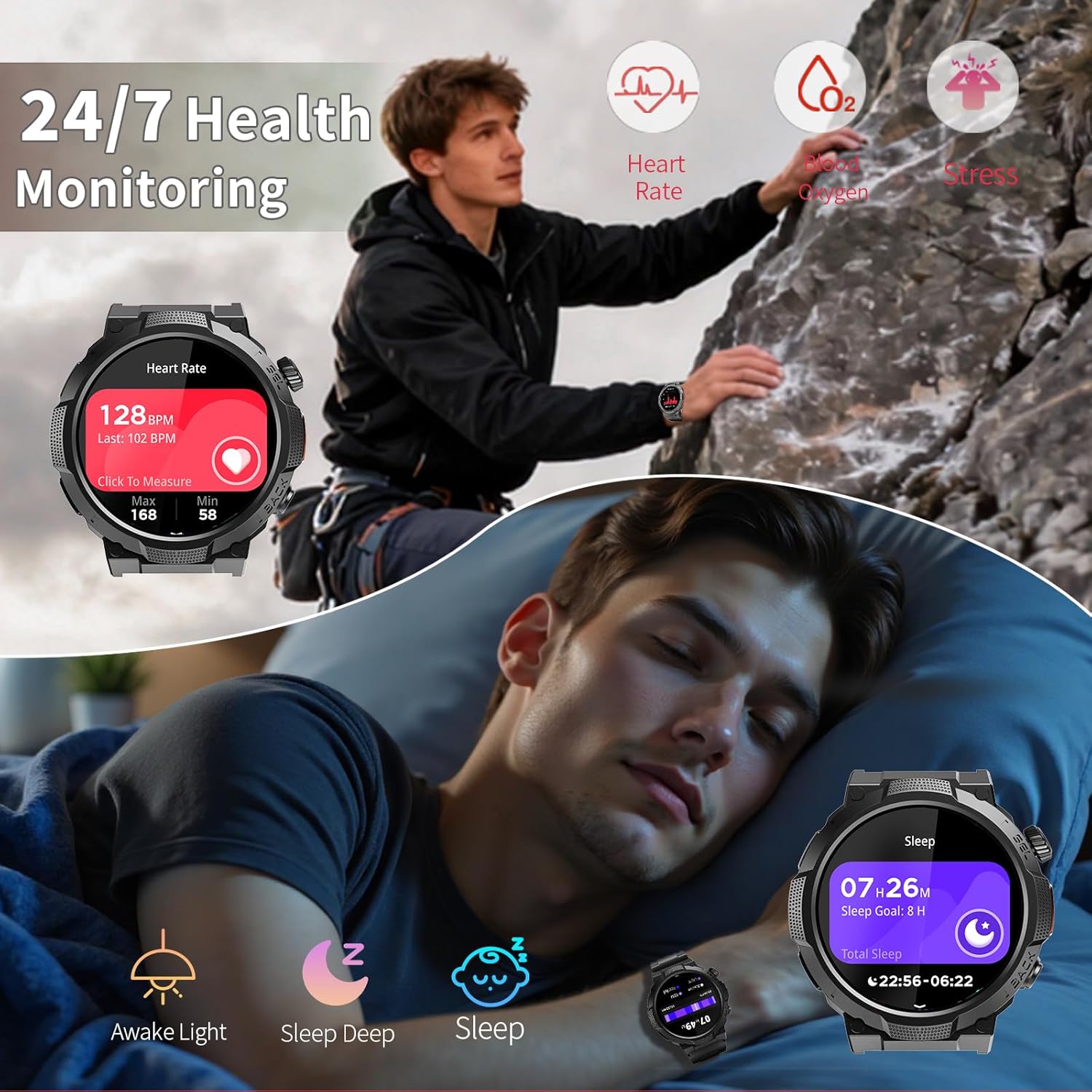 Reloj Inteligente Hombre con Linterna, 1.53'' Militar Smartwatch con Batería de 1000mAh, IP68 Reloj Deportivo con Llamadas Bluetooth/Monitor de Sueño/Pulsómetro, 100+Modos Deportivos para Android iOS - 6