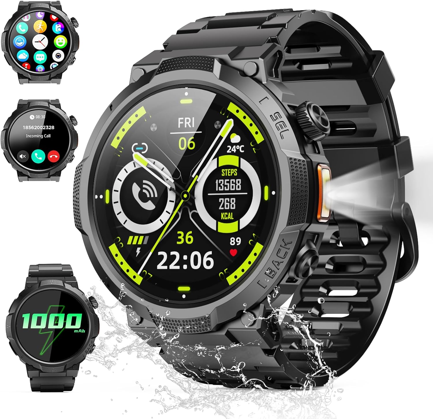 Reloj Inteligente Hombre con Linterna, 1.53'' Militar Smartwatch con Batería de 1000mAh, IP68 Reloj Deportivo con Llamadas Bluetooth/Monitor de Sueño/Pulsómetro, 100+Modos Deportivos para Android iOS - 1