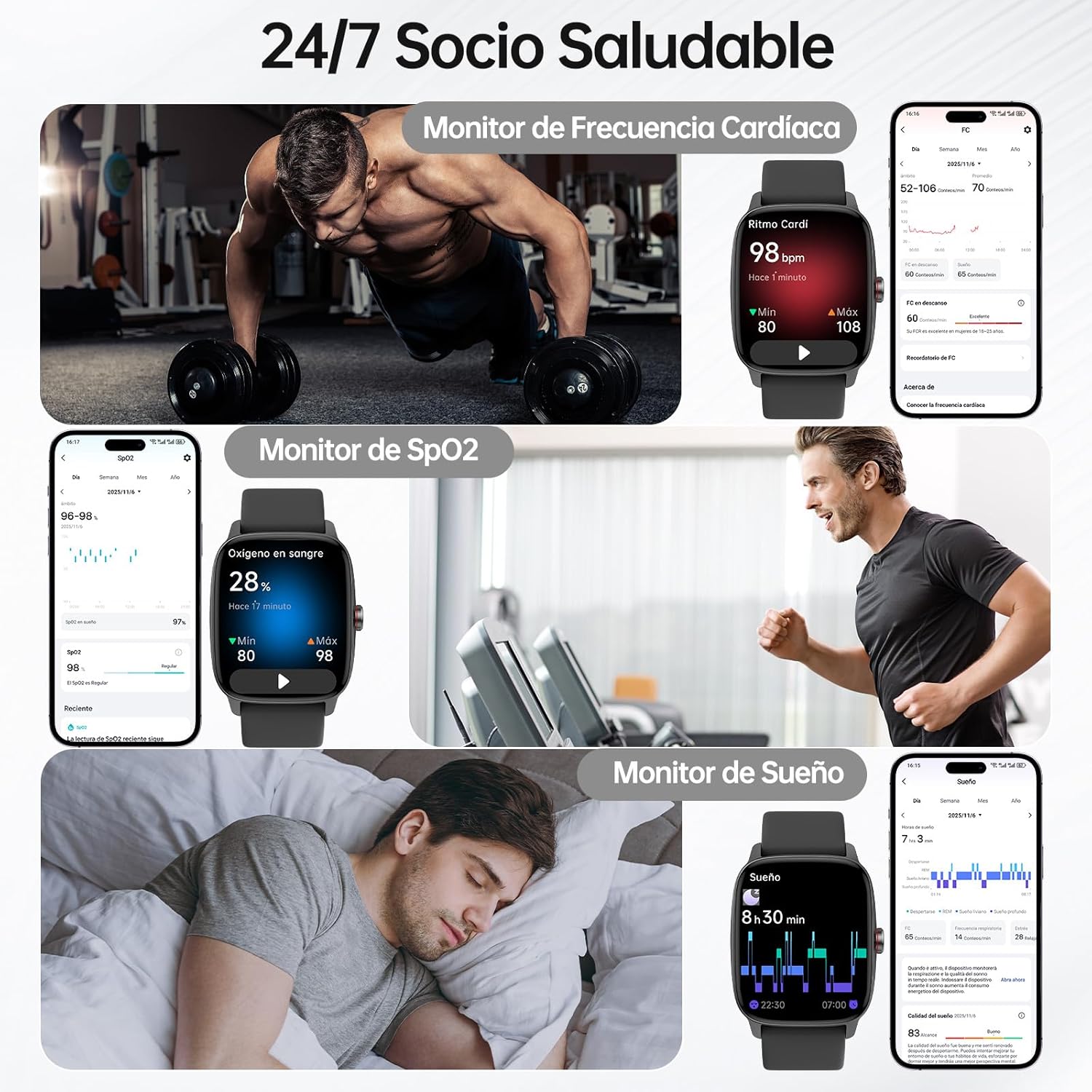 Reloj Inteligente Mujer Hombre con Llamadas Bluetooth y Voz AI, 1.85'' Smartwatch con Whatsapp Notificación, Pulsómetro/SpO2/Sueño/Podómetro, 110+ Modos Deportivos, Impermeable IP68 para iOS/Android - 3