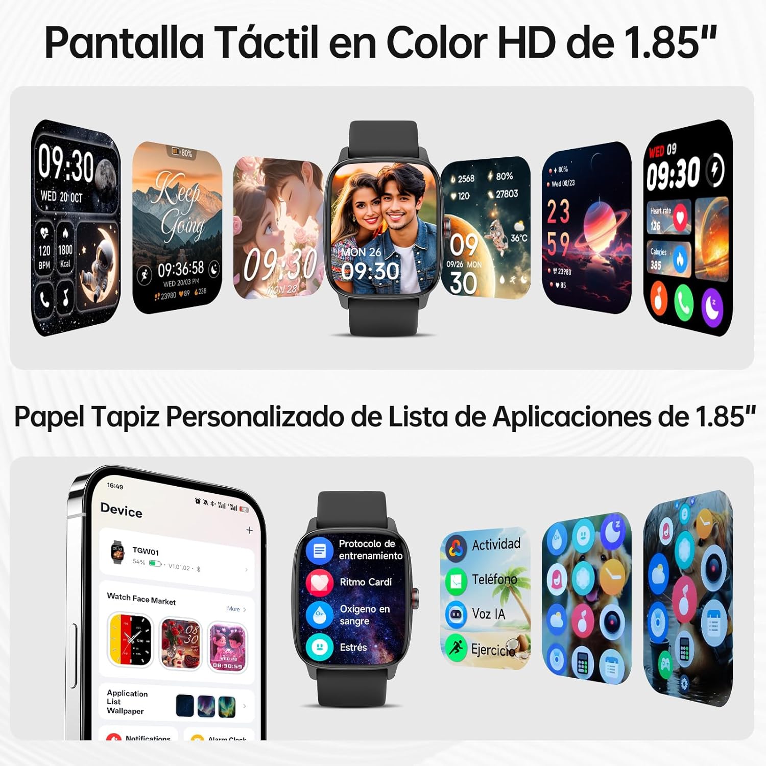 Reloj Inteligente Mujer Hombre con Llamadas Bluetooth y Voz AI, 1.85'' Smartwatch con Whatsapp Notificación, Pulsómetro/SpO2/Sueño/Podómetro, 110+ Modos Deportivos, Impermeable IP68 para iOS/Android - 4