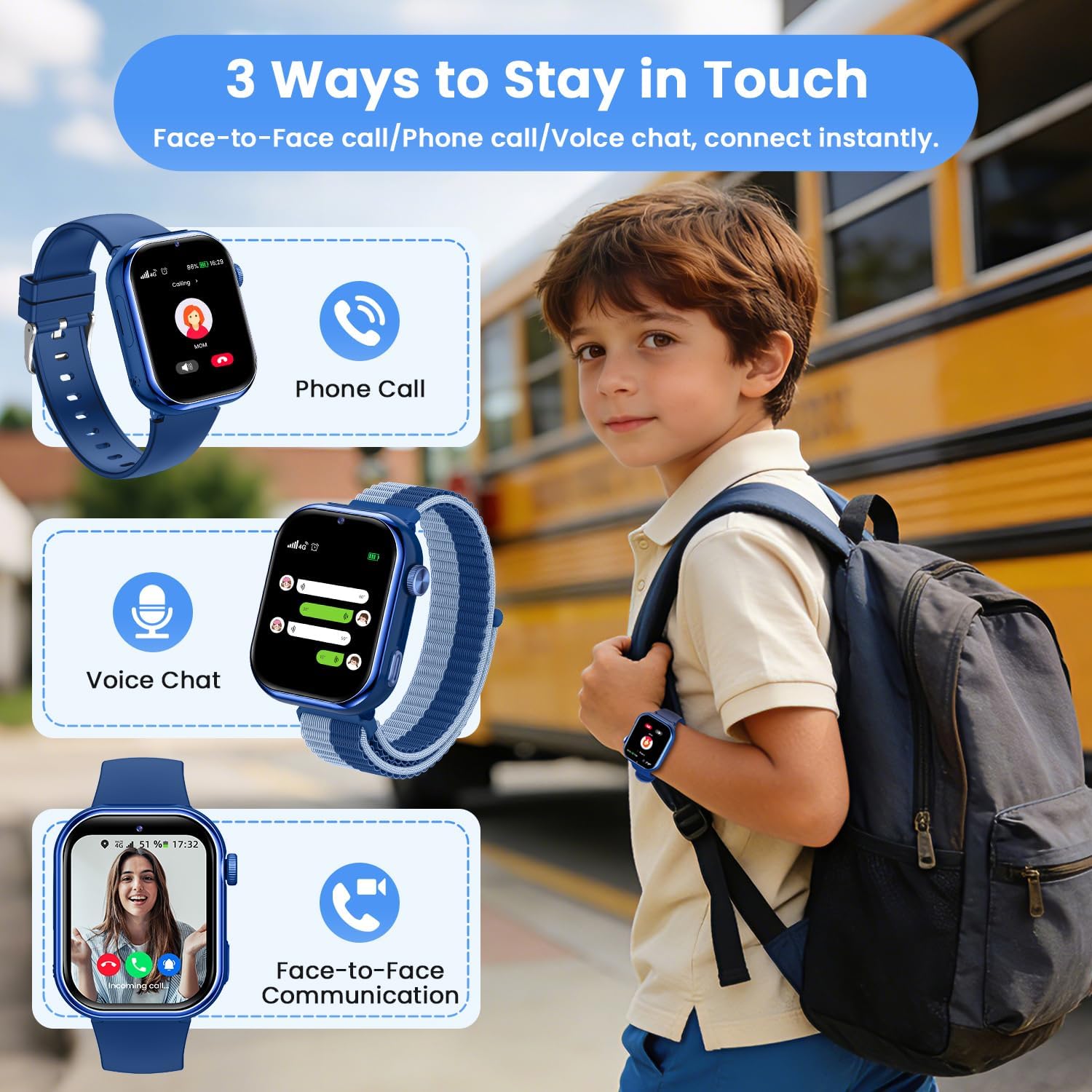 Reloj Inteligente Niño, 4G Smartwatch Niño con GPS y Llamadas, Doble Cámara, Videollamada, SOS, Modo Escuela, Despertador, Linterna, IP68, Podómetro, Regalo Niñas y Niños Azul, 3 Años Garantía - 2