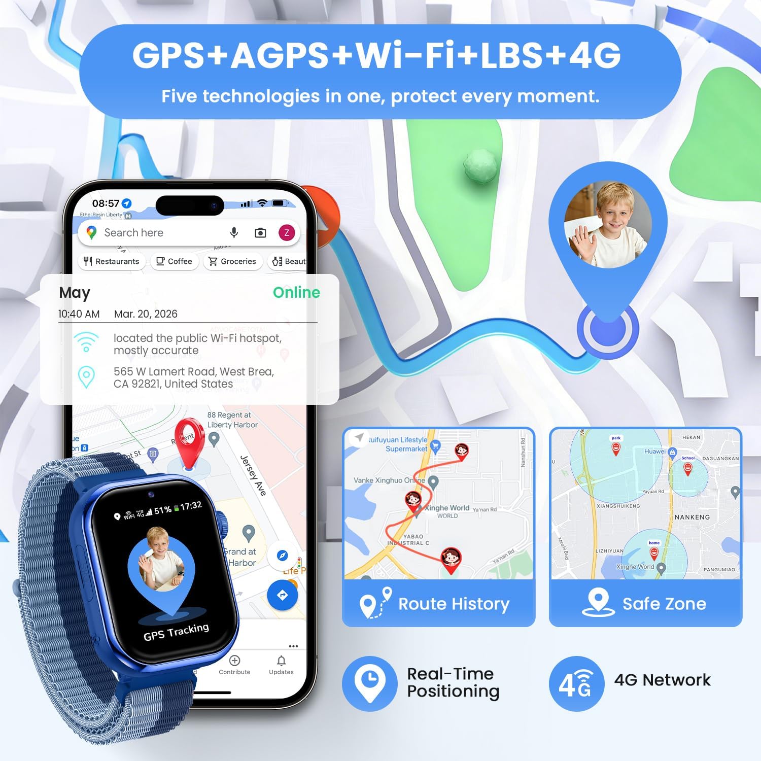 Reloj Inteligente Niño, 4G Smartwatch Niño con GPS y Llamadas, Doble Cámara, Videollamada, SOS, Modo Escuela, Despertador, Linterna, IP68, Podómetro, Regalo Niñas y Niños Azul, 3 Años Garantía - 4