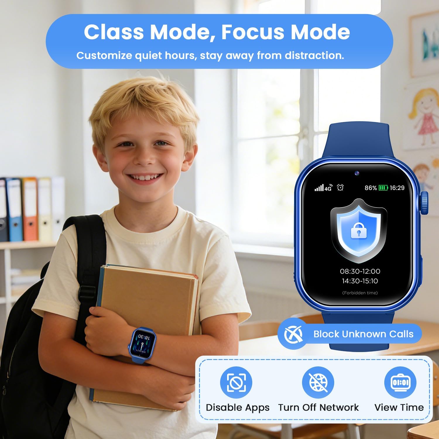 Reloj Inteligente Niño, 4G Smartwatch Niño con GPS y Llamadas, Doble Cámara, Videollamada, SOS, Modo Escuela, Despertador, Linterna, IP68, Podómetro, Regalo Niñas y Niños Azul, 3 Años Garantía - 6