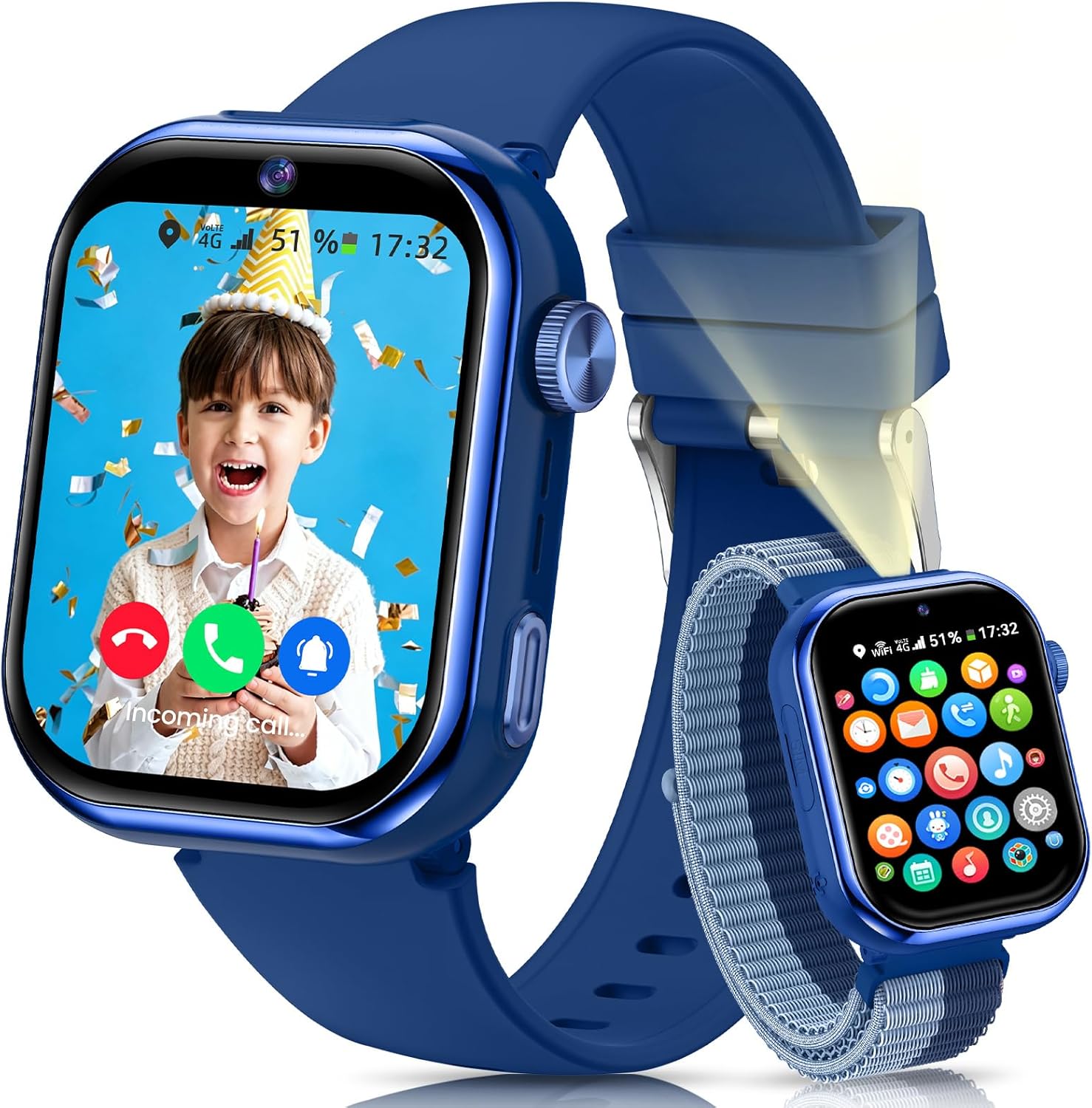 Reloj Inteligente Niño, 4G Smartwatch Niño con GPS y Llamadas, Doble Cámara, Videollamada, SOS, Modo Escuela, Despertador, Linterna, IP68, Podómetro, Regalo Niñas y Niños Azul, 3 Años Garantía - 1