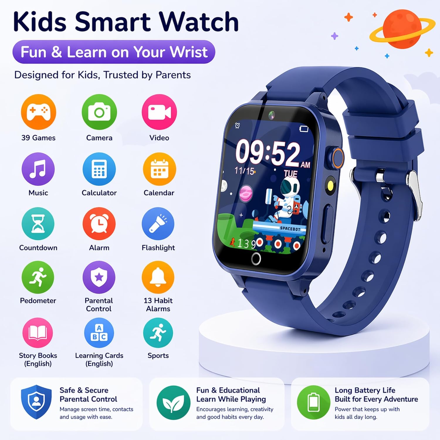 Reloj Inteligente Niño Niña 4-15 Años, 39 Juegos, Modo Deportivo, Cámara, MP3, Linterna, 100+Tarjetas Aprendizaje, Audiolibros, Despertador, Modo Escuela, Podómetro, Regalo Educativo para Niño y Niñas - 2