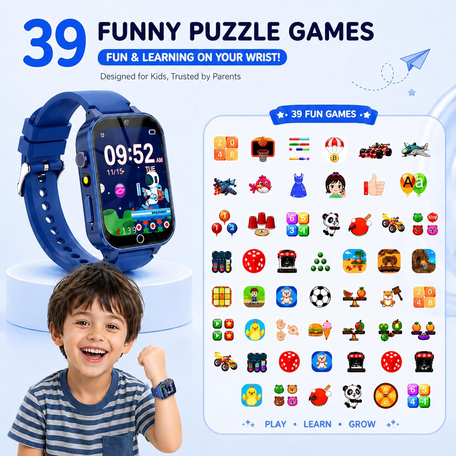 Reloj Inteligente Niño Niña 4-15 Años, 39 Juegos, Modo Deportivo, Cámara, MP3, Linterna, 100+Tarjetas Aprendizaje, Audiolibros, Despertador, Modo Escuela, Podómetro, Regalo Educativo para Niño y Niñas - 4