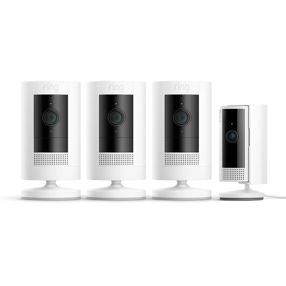 Ring Cámara exterior con batería Pack de 3 (Stick Up Cam) + Cámara interior (Indoor Camera 2.ª gen.) | Cámaras de vigilancia wifi con vídeo HD, comunicación bidireccional | 30 días gratis de Ring Home - 2