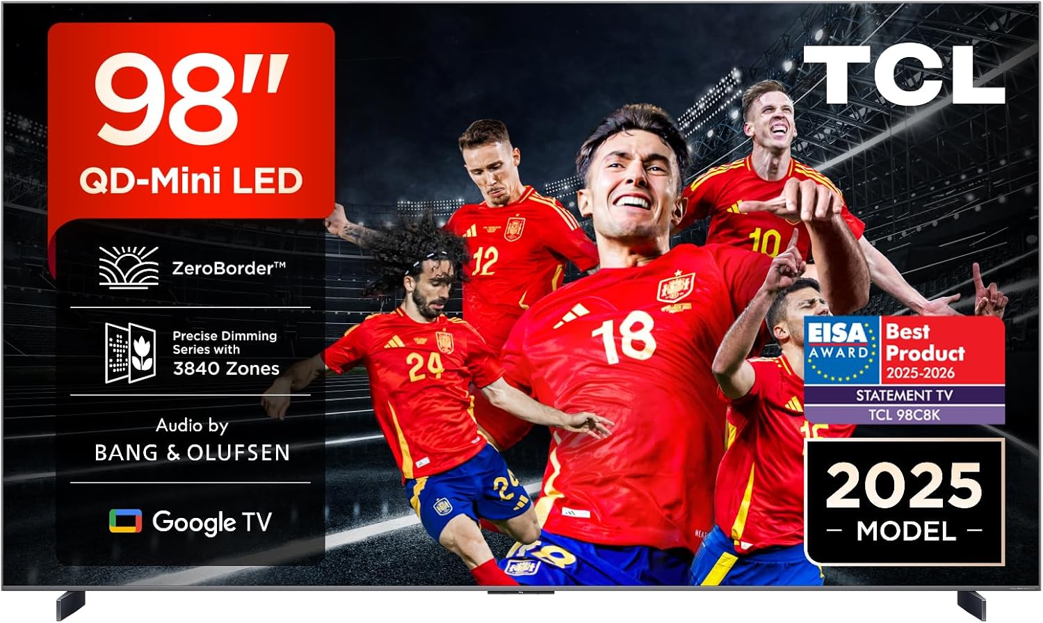 TCL 98C8K Televisor 98 Pulgadas QD-Mini LED 4K Smart TV, 5000 nits HDR Premium, 144Hz, ZeroBorder, Bang & Olufsen, Google TV, Dolby Vision IQ y Atmos, Panel WHVA, Game Master - 1