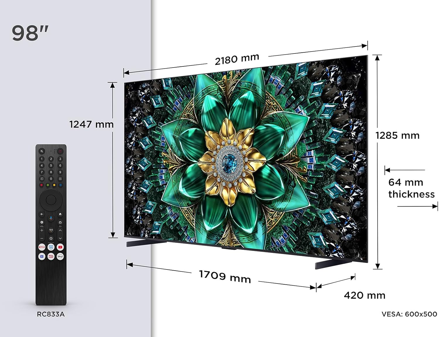 TCL 98Q6C Televisor 98 Pulgadas QD-Mini LED 4K Smart TV, 1000 nits, 144Hz Motion Clarity Pro, Onkyo 2.1, Game Master, FreeSync, Google TV, Dolby Vision IQ y Atmos - 2