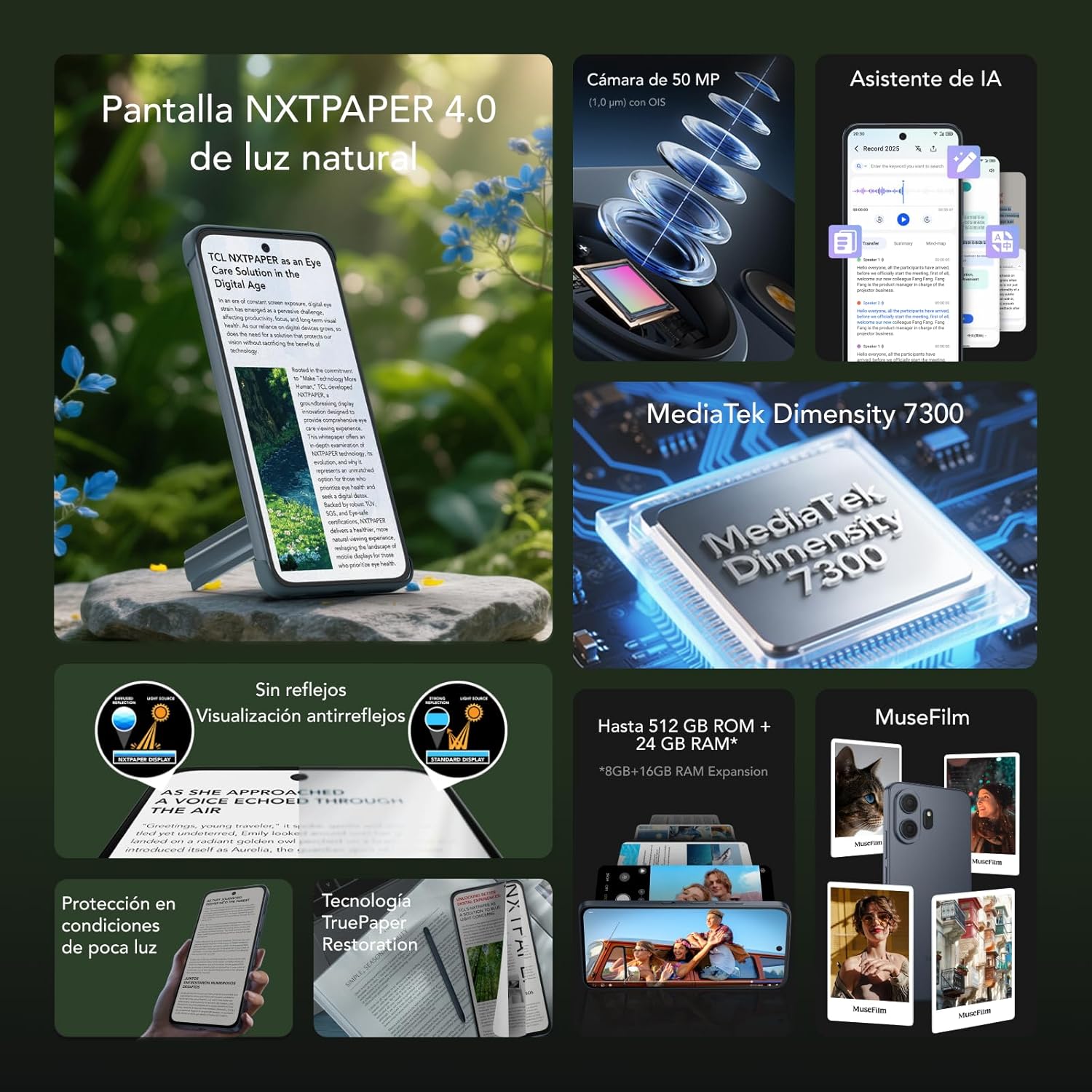 TCL NXTPAPER 70 Pro Smartphone 5G - Dorado | Pantalla 6,9" FHD+ 120Hz NXTPAPER 4.0 | CPL Antirreflectante | Protección Ocular | Cámara 50 MP OIS | 8 GB + 512 GB | Dimensity 7300 | MuseFilm - 2