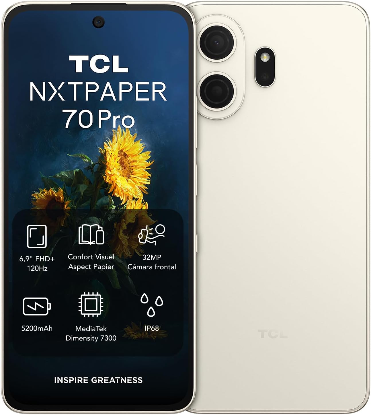 TCL NXTPAPER 70 Pro Smartphone 5G - Dorado | Pantalla 6,9" FHD+ 120Hz NXTPAPER 4.0 | CPL Antirreflectante | Protección Ocular | Cámara 50 MP OIS | 8 GB + 512 GB | Dimensity 7300 | MuseFilm - 1