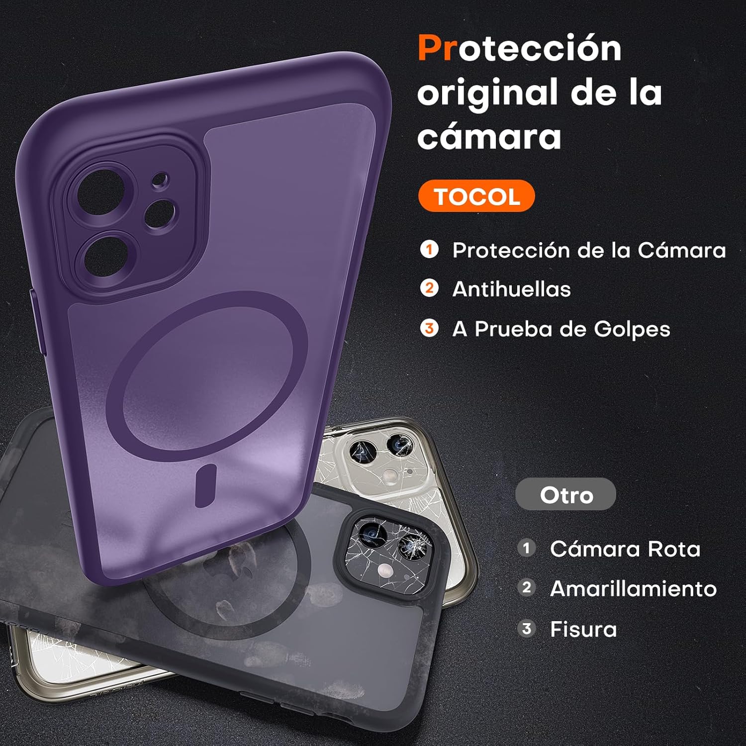 TOCOL Funda para iPhone 11, Funda Magnética para iPhone 11 6,1 Pulgadas [Protección Lente Cámara] [Protección Militar] Translúcida Mate Trasera, Púrpura Medianoche - 5