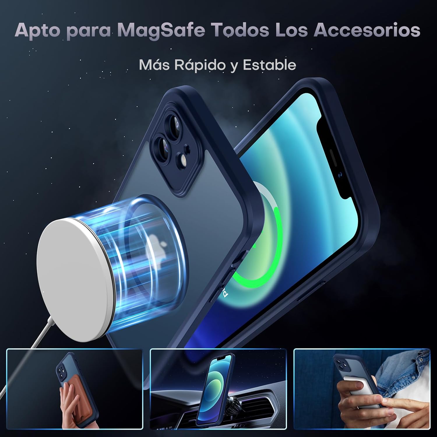 TOCOL Funda para iPhone 12, Funda Magnética para iPhone 12 6,1 Pulgadas [Protección Lente Cámara] [Protección Militar] Translúcida Mate Trasera, Azul Marino - 3