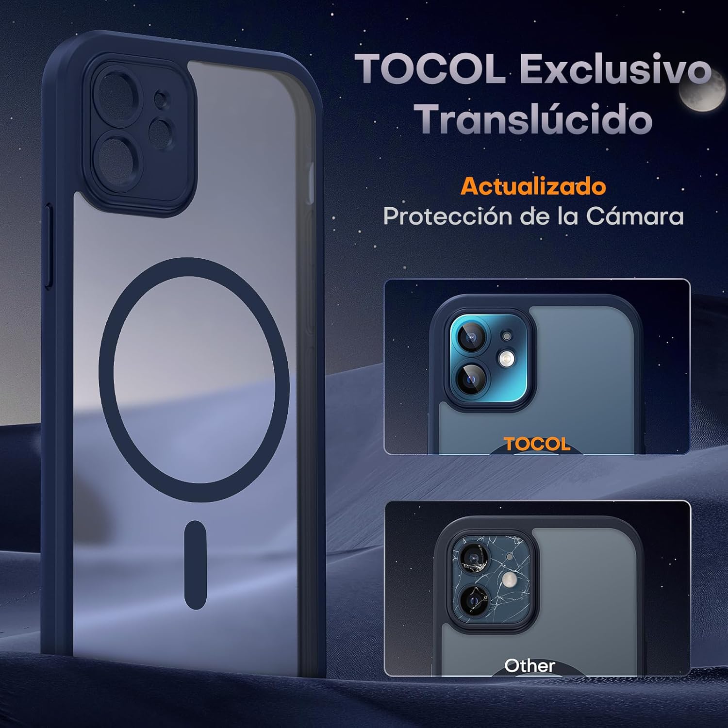 TOCOL Funda para iPhone 12, Funda Magnética para iPhone 12 6,1 Pulgadas [Protección Lente Cámara] [Protección Militar] Translúcida Mate Trasera, Azul Marino - 6