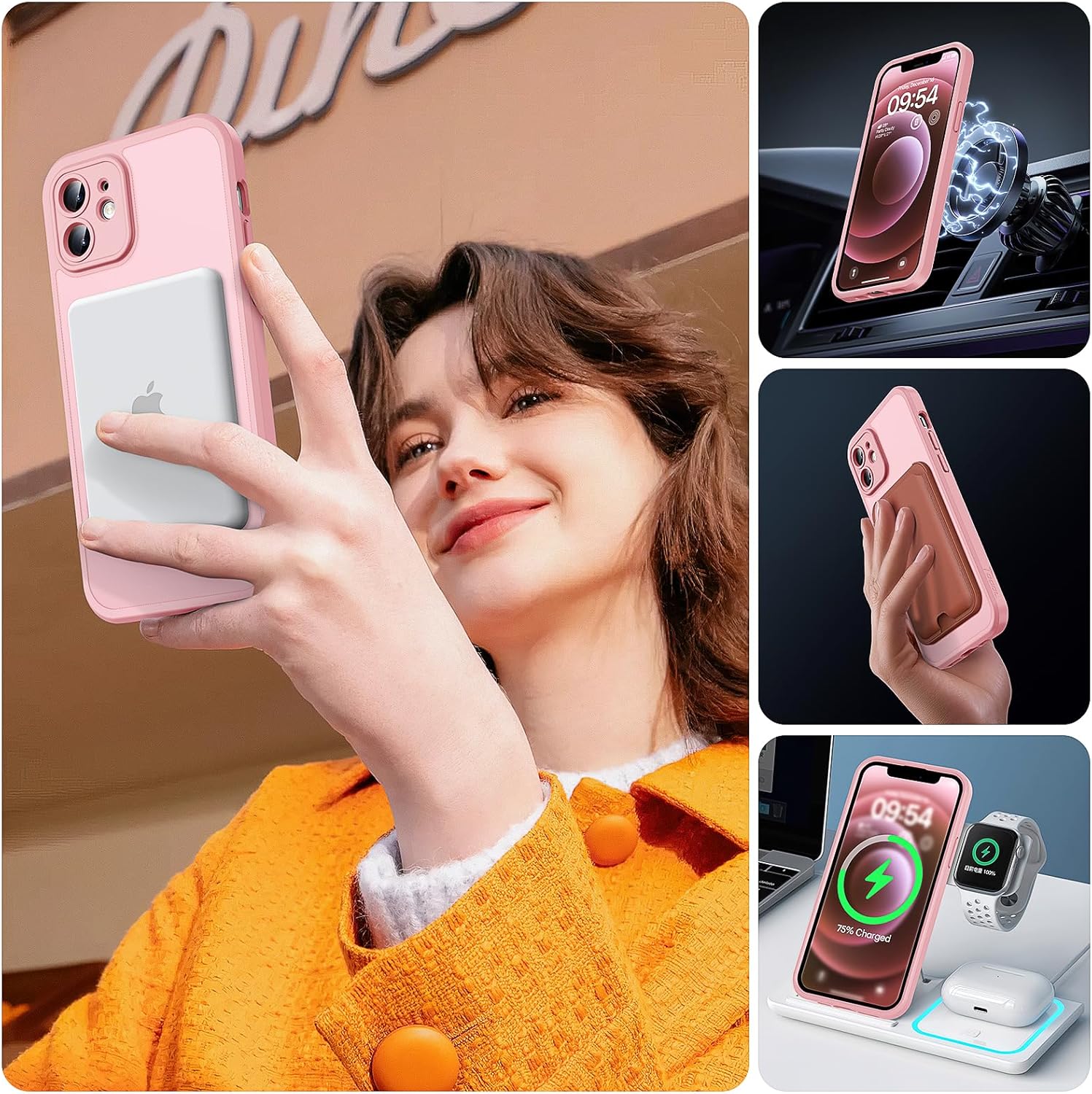 TOCOL Funda para iPhone 12, Funda Magnética para iPhone 12 6,1 Pulgadas [Protección Lente Cámara] [Protección Militar] Translúcida Mate Trasera, Rosa Claro - 6