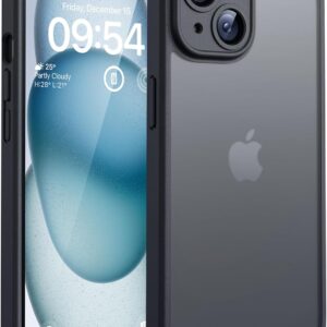 TOCOL Funda para iPhone 15 6,1 Pulgadas [Protección Lente Cámara] [Protección Militar] Translúcida Mate Trasera, Negro