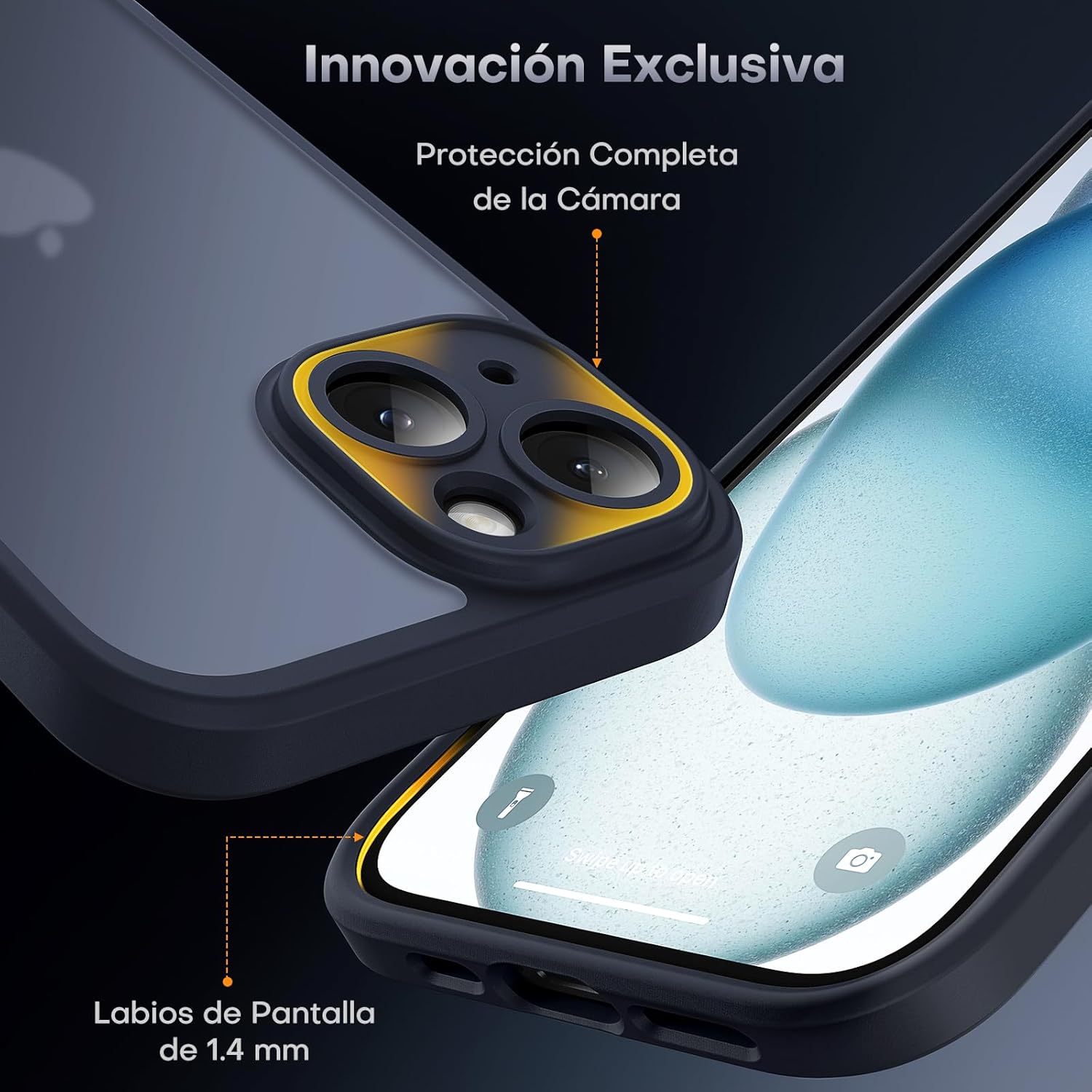 TOCOL Funda para iPhone 15 6,1 Pulgadas [Protección Lente Cámara] [Protección Militar] Translúcida Mate Trasera, Negro - 4