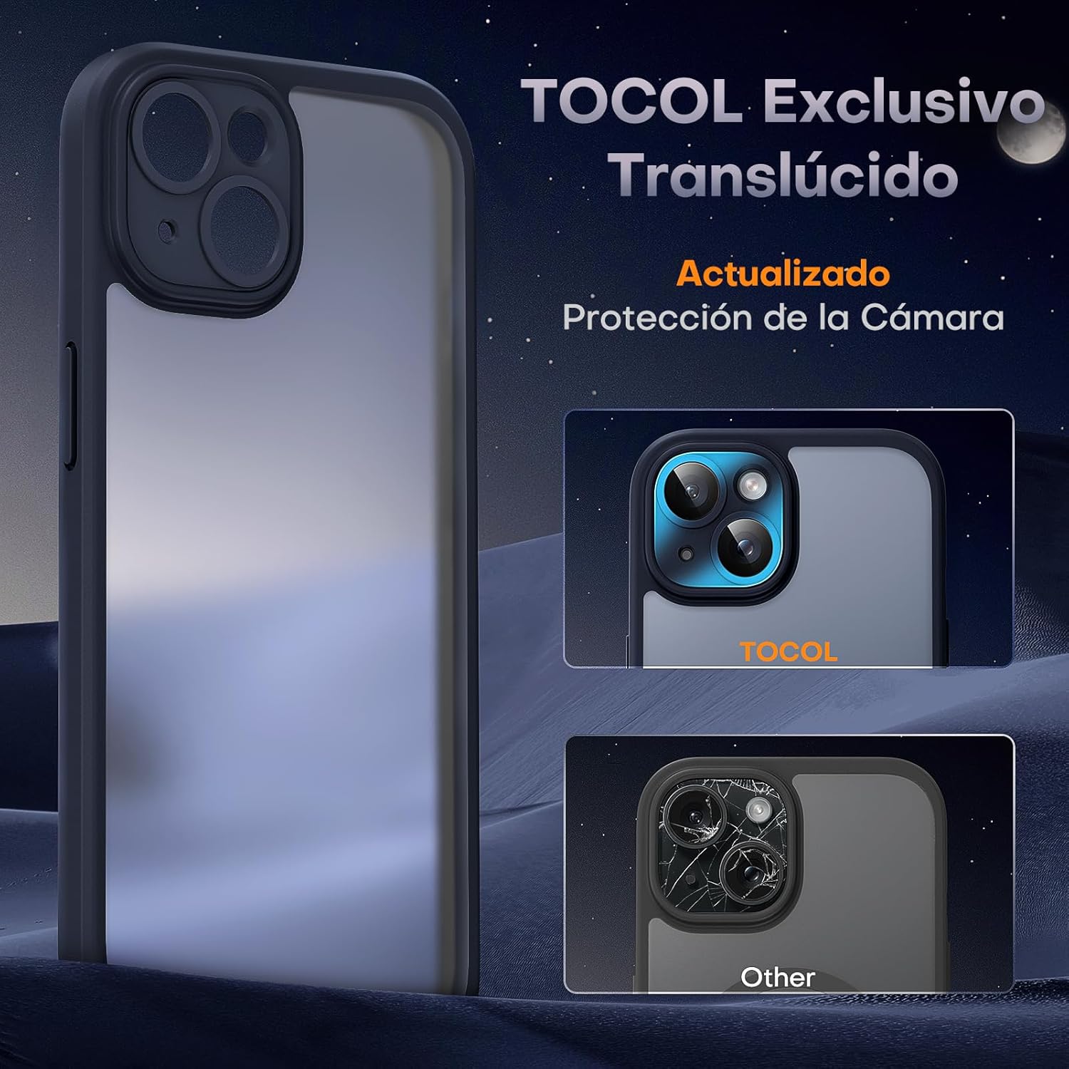 TOCOL Funda para iPhone 15 6,1 Pulgadas [Protección Lente Cámara] [Protección Militar] Translúcida Mate Trasera, Negro - 5