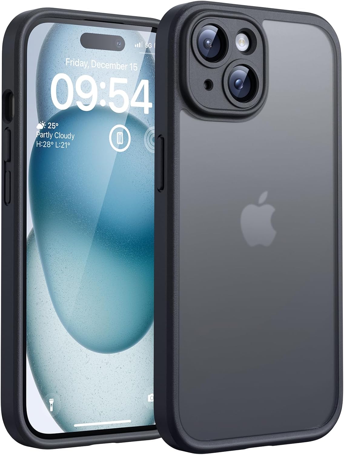 TOCOL Funda para iPhone 15 6,1 Pulgadas [Protección Lente Cámara] [Protección Militar] Translúcida Mate Trasera, Negro - 1