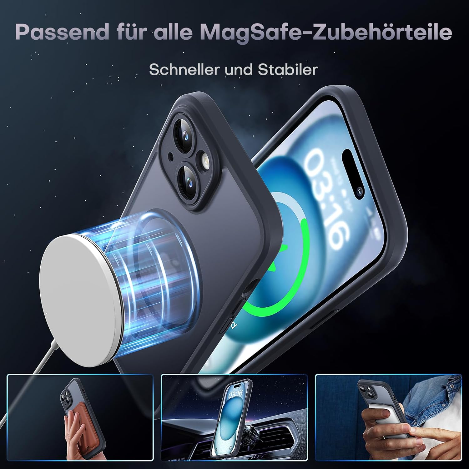 TOCOL Funda para iPhone 15, Funda Magnética para iPhone 15 6,1 Pulgadas [Protección Lente Cámara] [Protección Militar] Translúcida Mate Trasera, Titanio Negro - 3