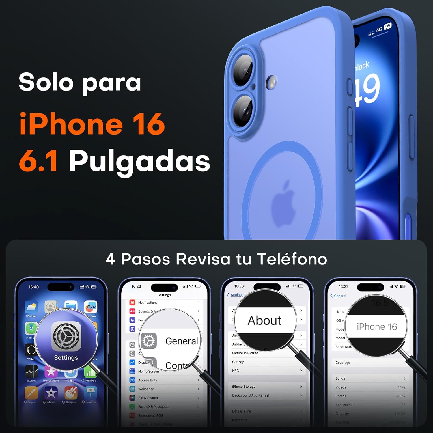 TOCOL Funda para iPhone 16, Funda Magnética para iPhone 16 6,1 Pulgadas [Protección Lente Cámara] [Protección Militar] Translúcida Mate Trasera, Azul Ultramar - 2