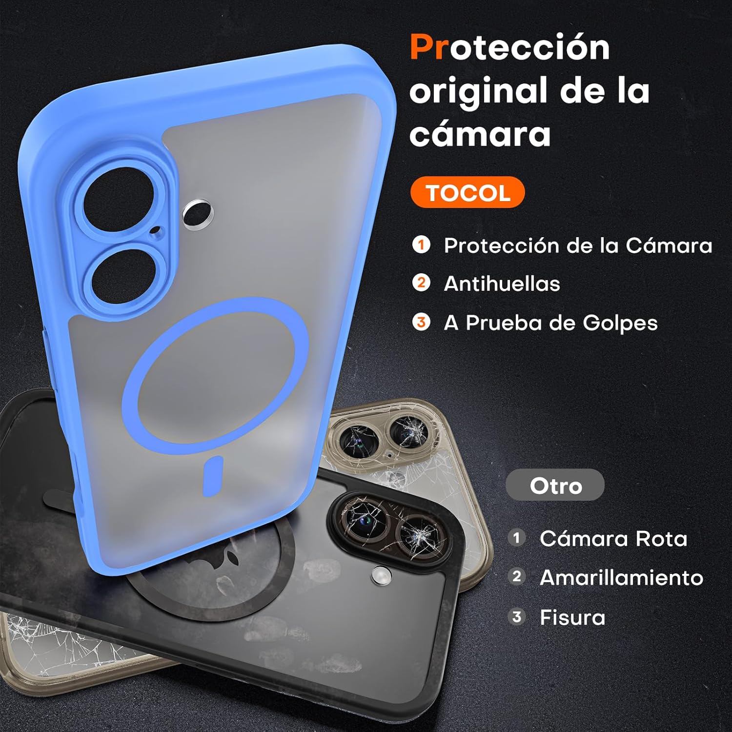 TOCOL Funda para iPhone 16, Funda Magnética para iPhone 16 6,1 Pulgadas [Protección Lente Cámara] [Protección Militar] Translúcida Mate Trasera, Azul Ultramar - 5