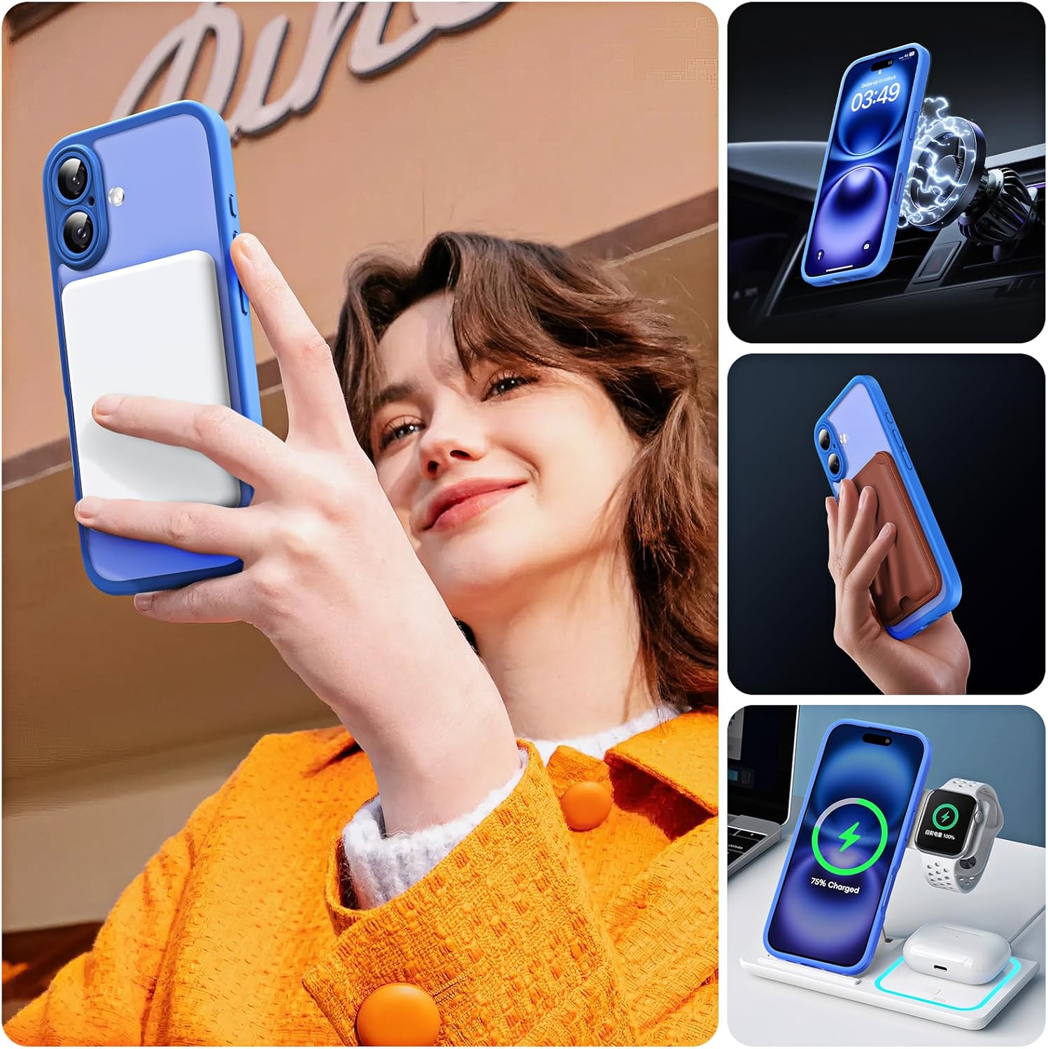 TOCOL Funda para iPhone 16, Funda Magnética para iPhone 16 6,1 Pulgadas [Protección Lente Cámara] [Protección Militar] Translúcida Mate Trasera, Azul Ultramar - 6