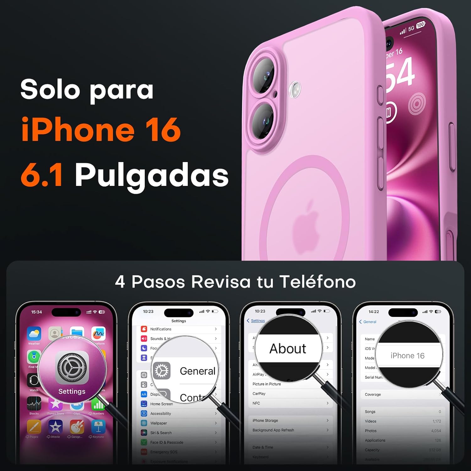 TOCOL Funda para iPhone 16, Funda Magnética para iPhone 16 6,1 Pulgadas [Protección Lente Cámara] [Protección Militar] Translúcida Mate Trasera, Rosa - 2