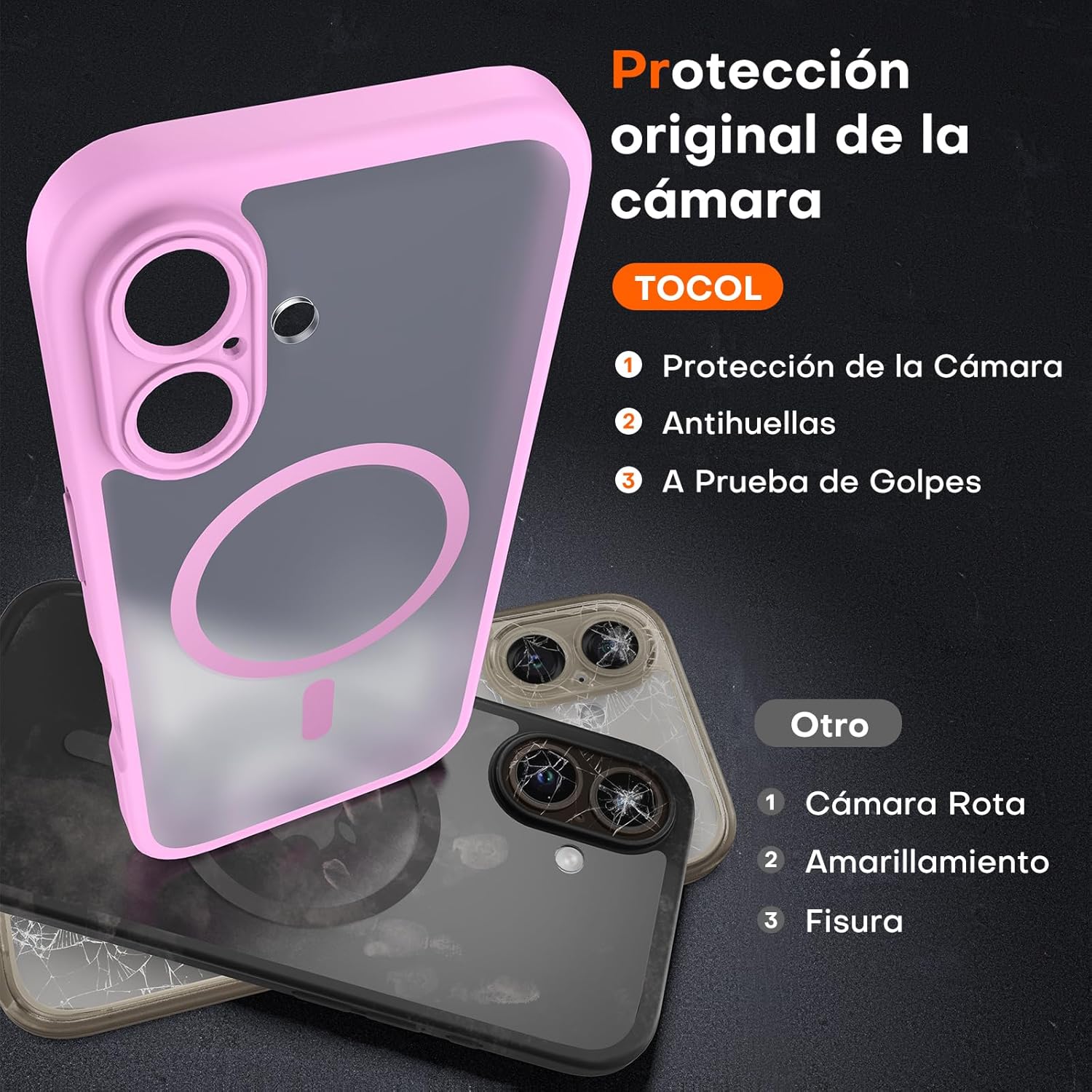 TOCOL Funda para iPhone 16, Funda Magnética para iPhone 16 6,1 Pulgadas [Protección Lente Cámara] [Protección Militar] Translúcida Mate Trasera, Rosa - 5