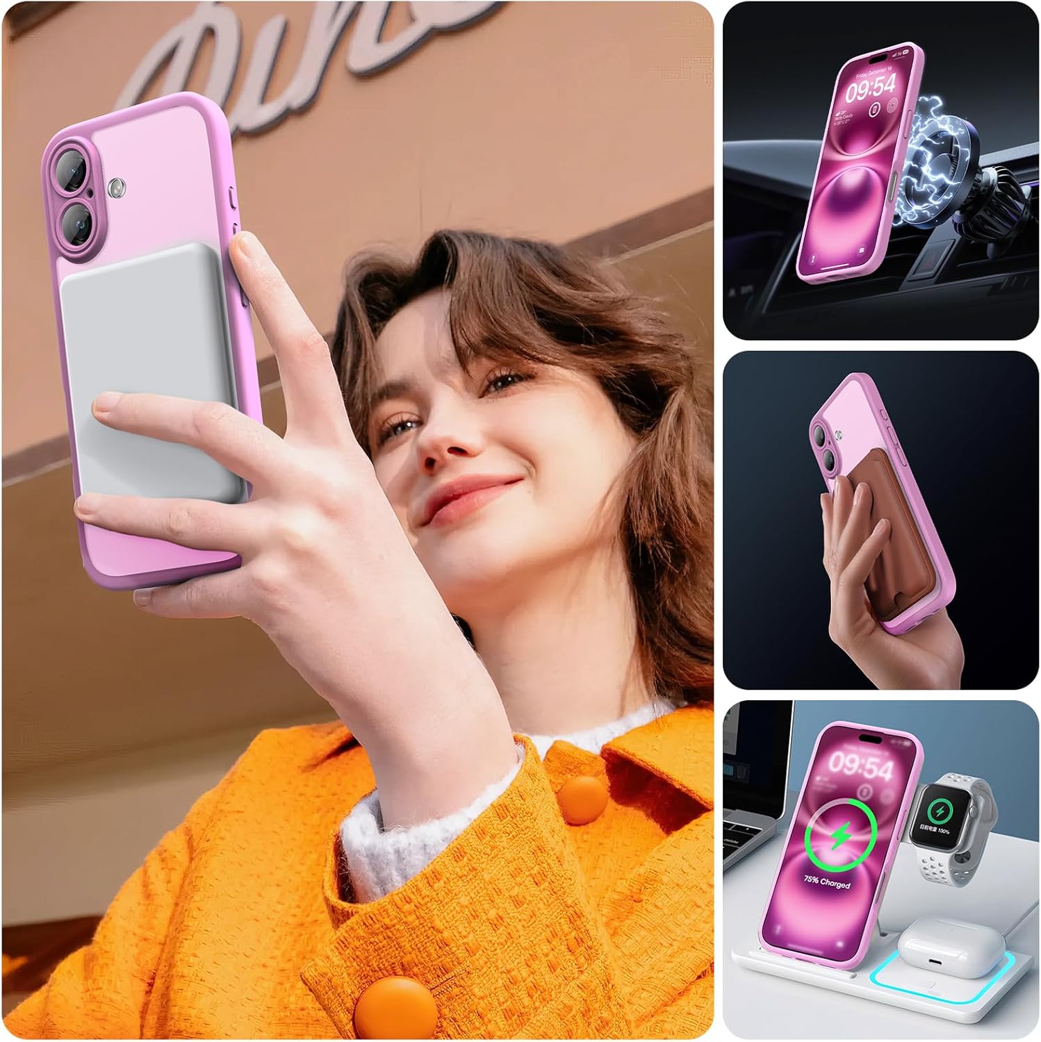 TOCOL Funda para iPhone 16, Funda Magnética para iPhone 16 6,1 Pulgadas [Protección Lente Cámara] [Protección Militar] Translúcida Mate Trasera, Rosa - 6