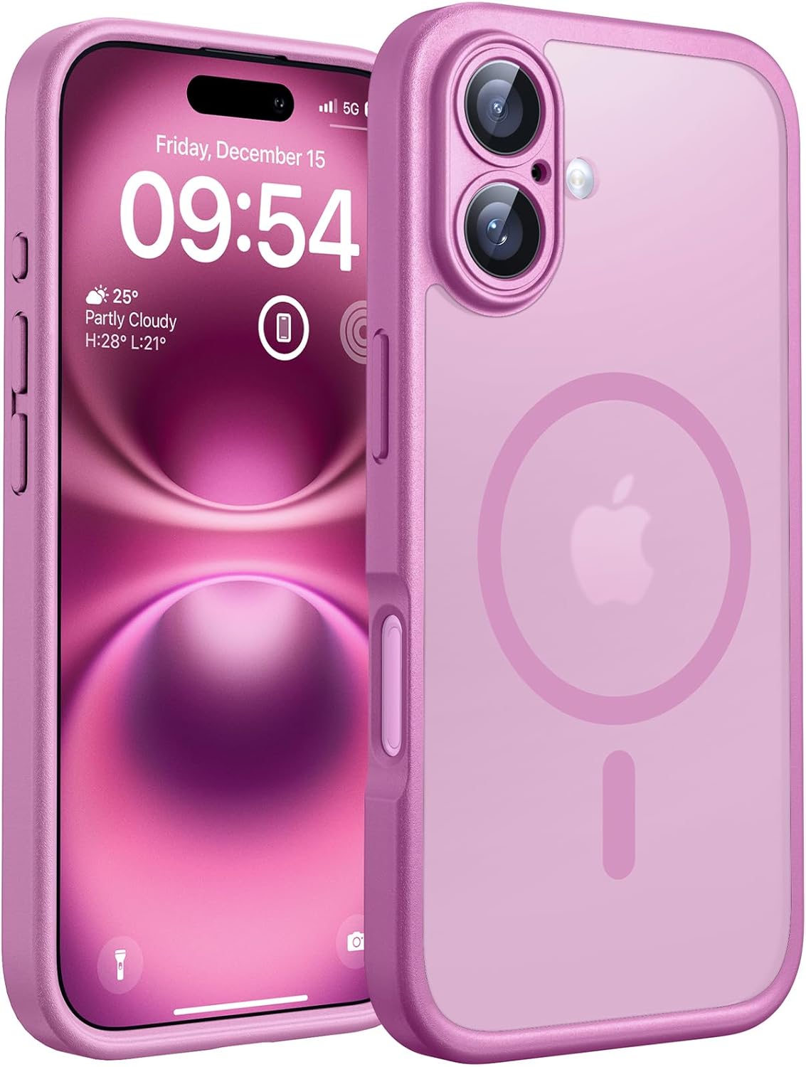 TOCOL Funda para iPhone 16, Funda Magnética para iPhone 16 6,1 Pulgadas [Protección Lente Cámara] [Protección Militar] Translúcida Mate Trasera, Rosa - 1